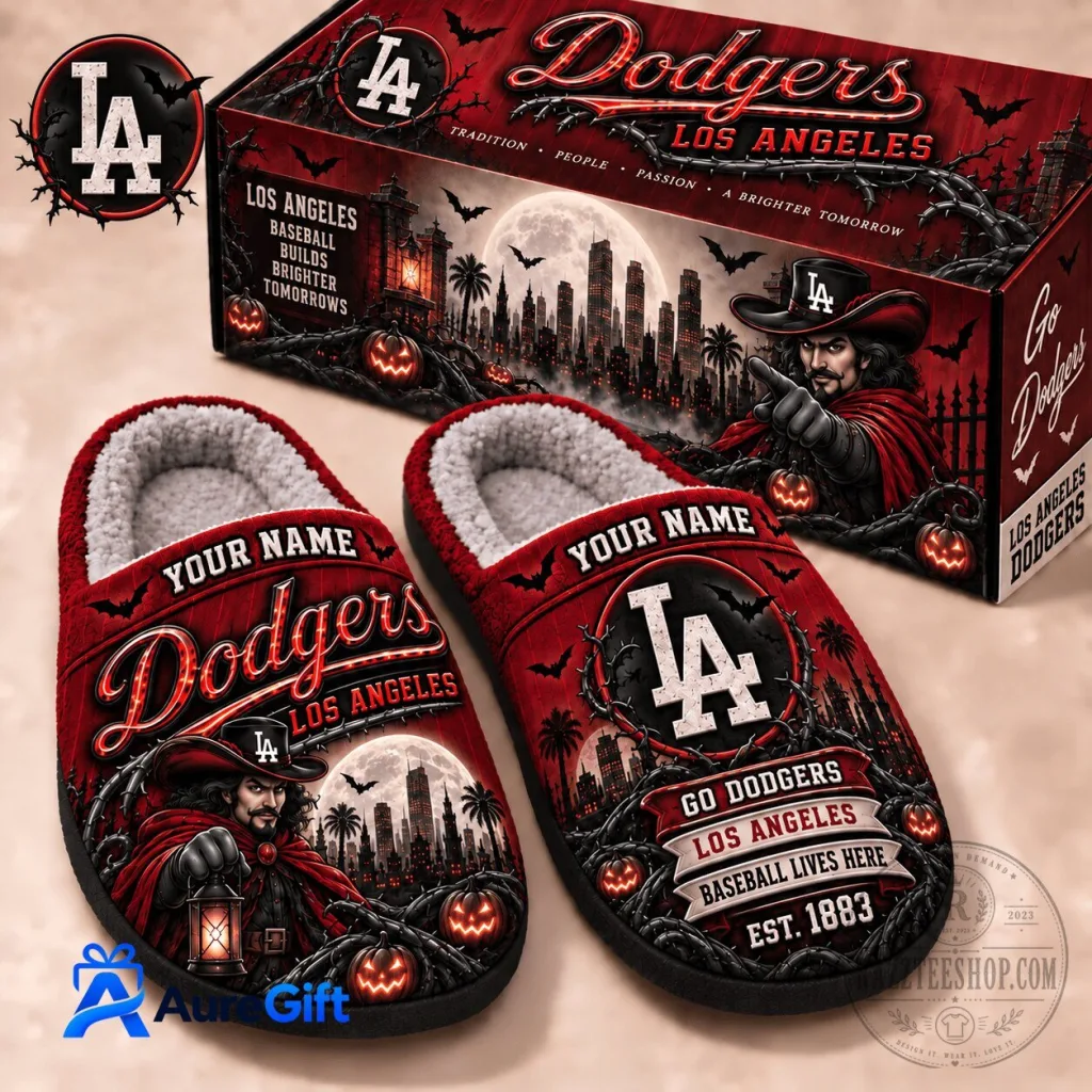 Los Angeles Dodgers Baseball Halloween Night Personalized Slippers Los Angeles Dodgers Baseball Halloween Night Personalized Slippers