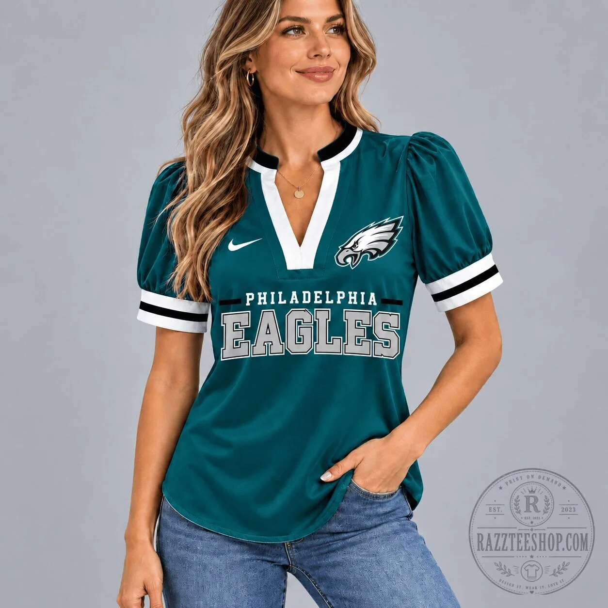 Philadelphia Eagles Women's V-Neck Puff Sleeve Game Day Football Jersey 2 Philadelphia Eagles Women's V-Neck Puff Sleeve Game Day Football Jersey