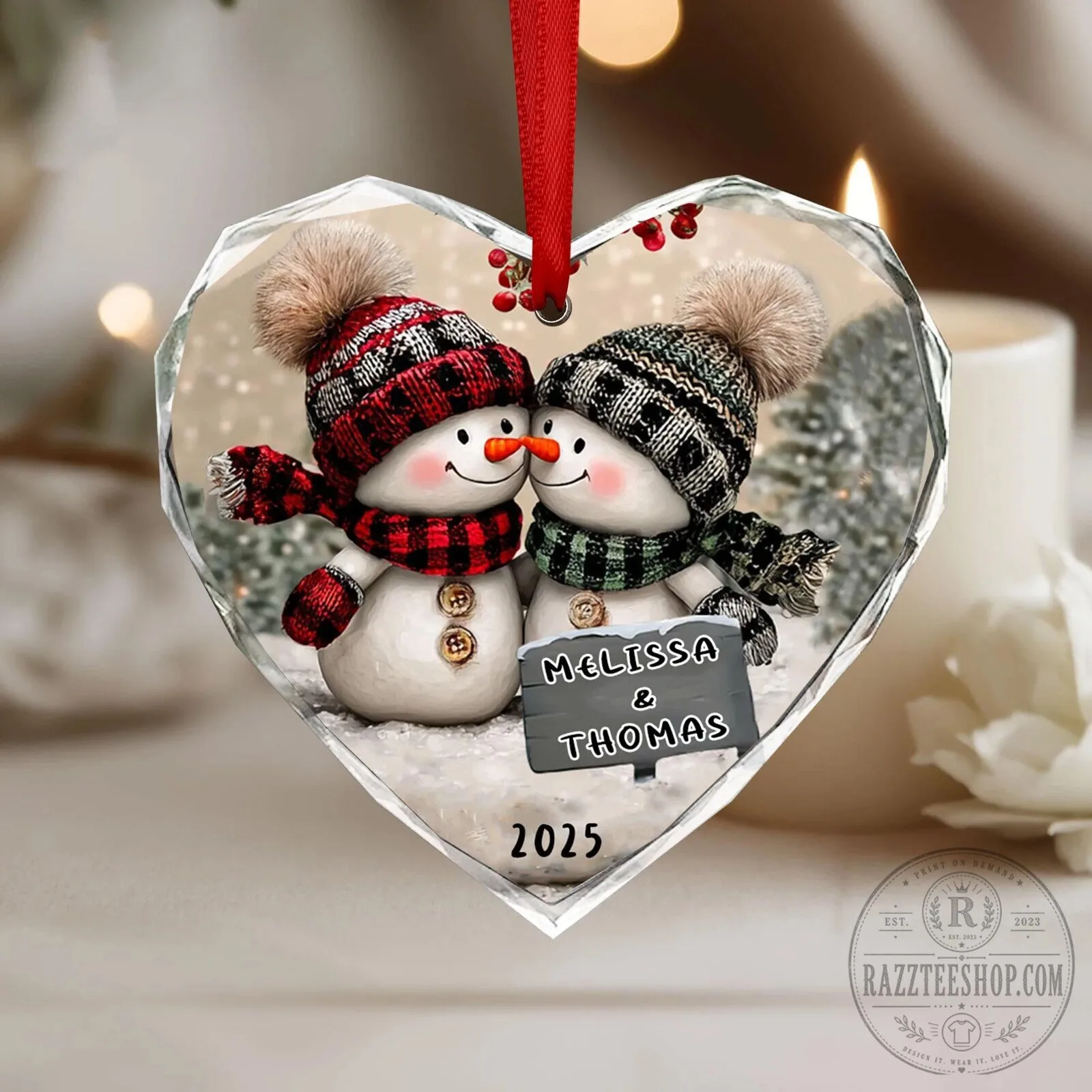 Personalized Snowman Couple Heart Shaped Christmas Tree Ornament