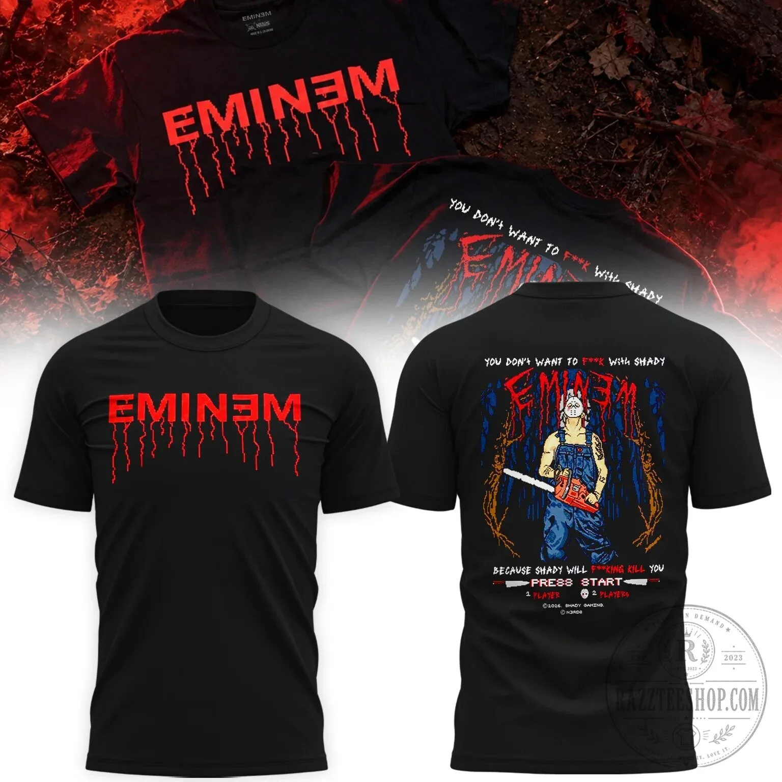Eminem Jason Voorhees Arcade Game Style Black Graphic T-Shirt
