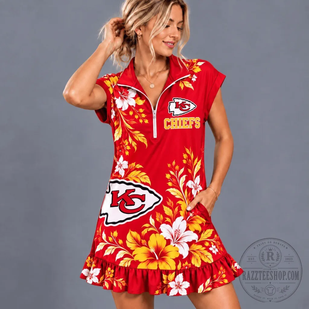 Kansas City Chiefs Floral Game Day Ruffle Dress Quarter-Zip Kansas City Chiefs Floral Game Day Ruffle Dress Quarter-Zip