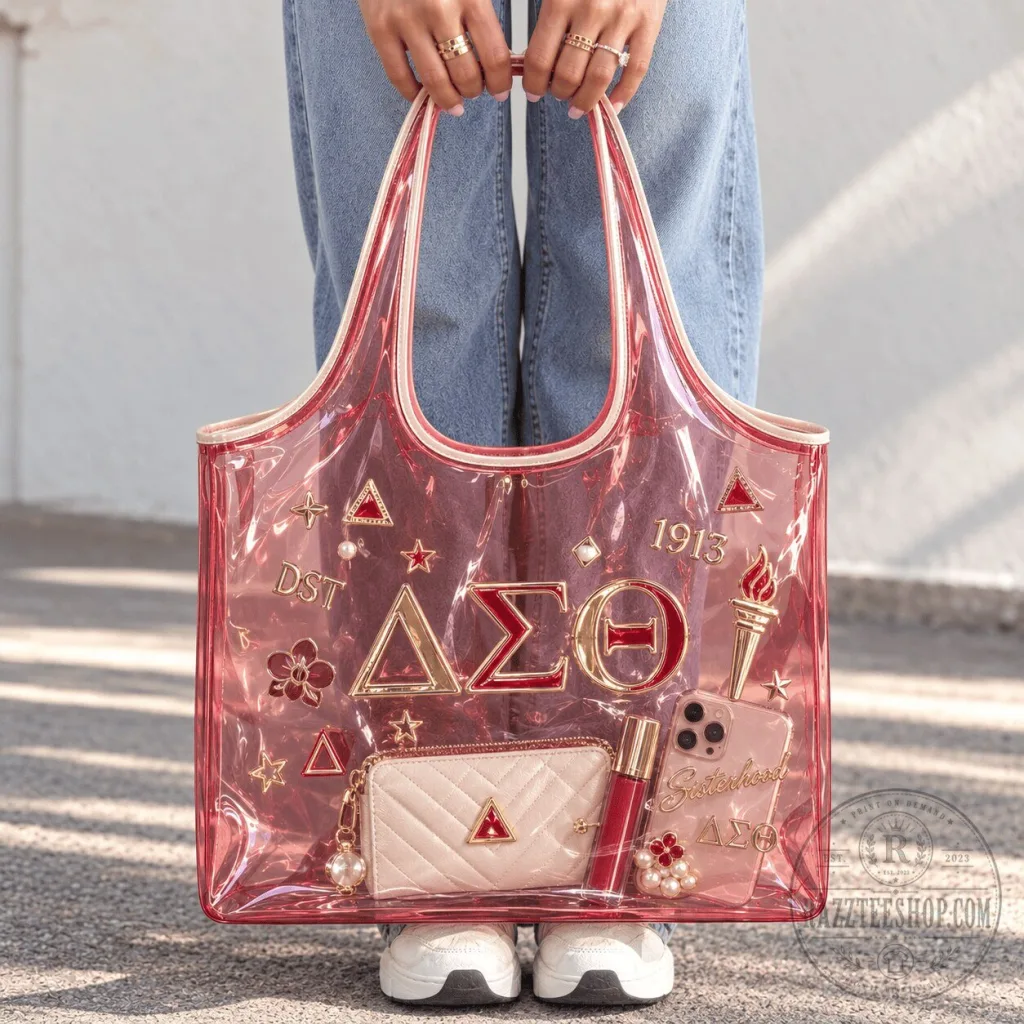Delta Sigma Theta Sorority Transparent Red Tote Bag with Gold Accents Delta Sigma Theta Sorority Transparent Red Tote Bag with Gold Accents