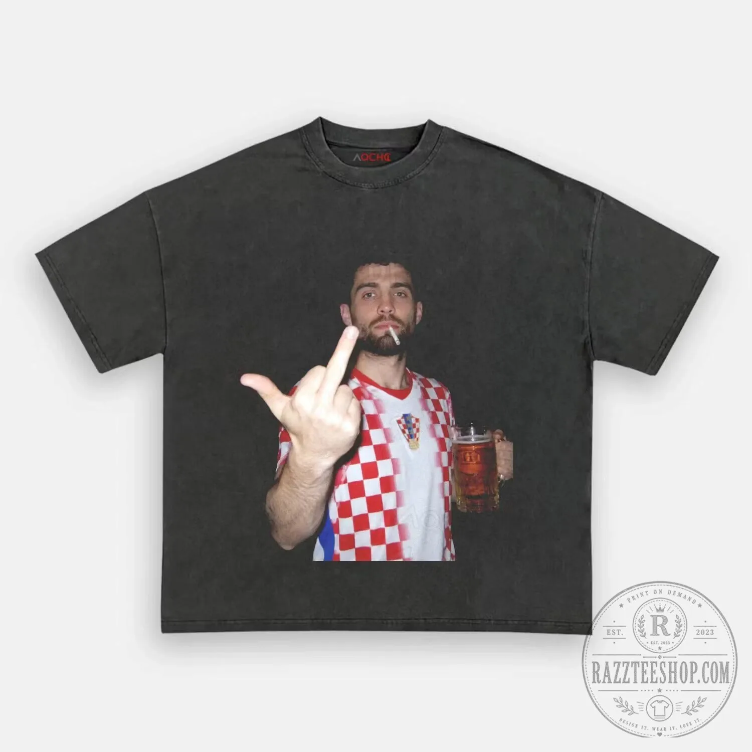 Croatia Football Fan Middle Finger Beer Drinking Graphic T-Shirt