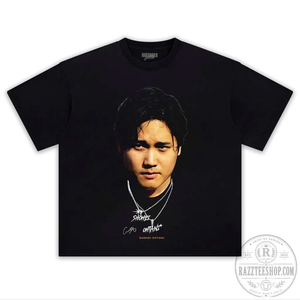 Shohei Ohtani Baseball Star Portrait Black Graphic T-Shirt Shohei Ohtani Baseball Star Portrait Black Graphic T-Shirt