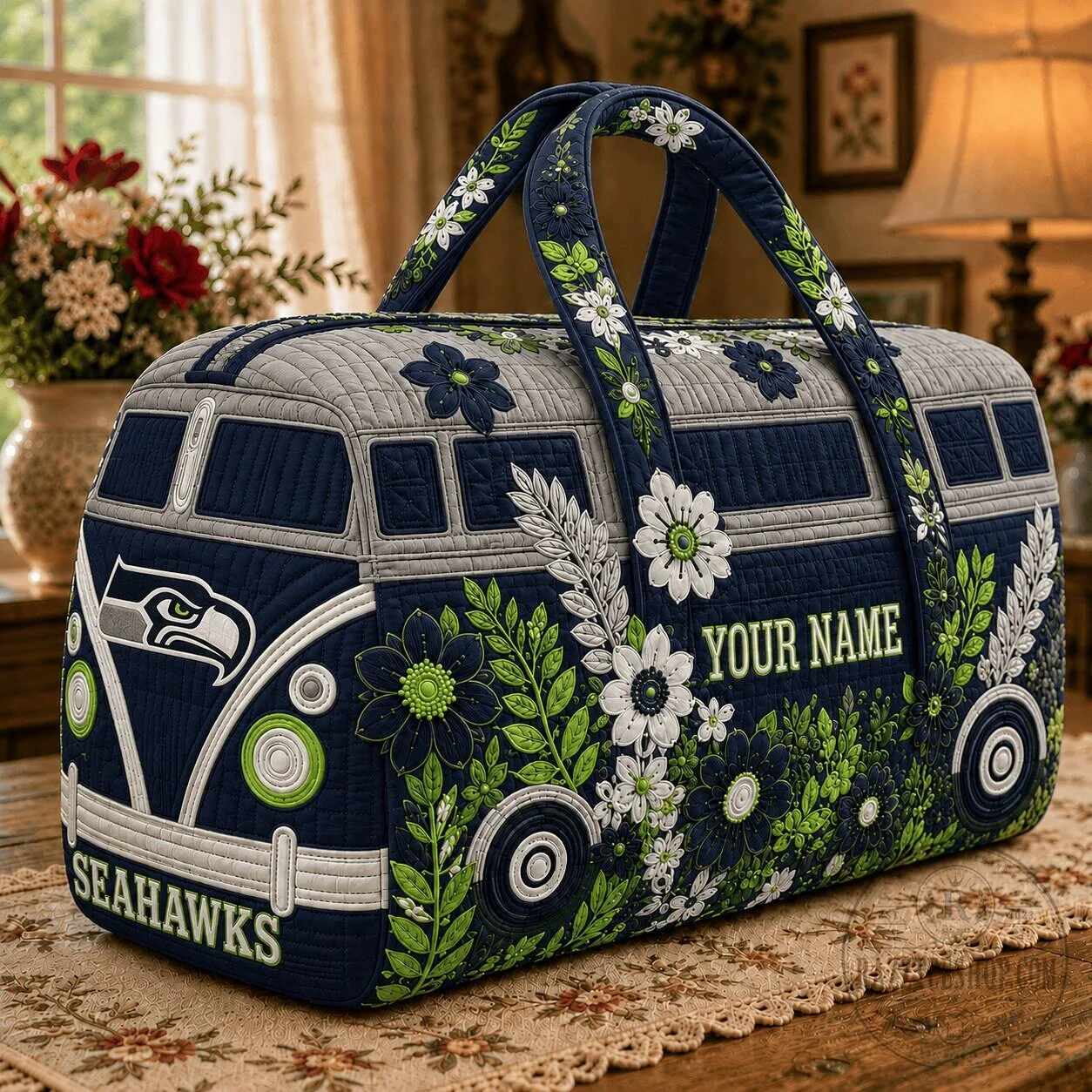 Seattle Seahawks Volkswagen Bus Floral Quilted Duffle Bag 1 Seattle Seahawks Volkswagen Bus Floral Quilted Duffle Bag