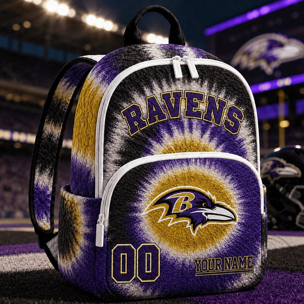 Baltimore Ravens Tie-Dye Quilted Backpack with Custom Name and Number