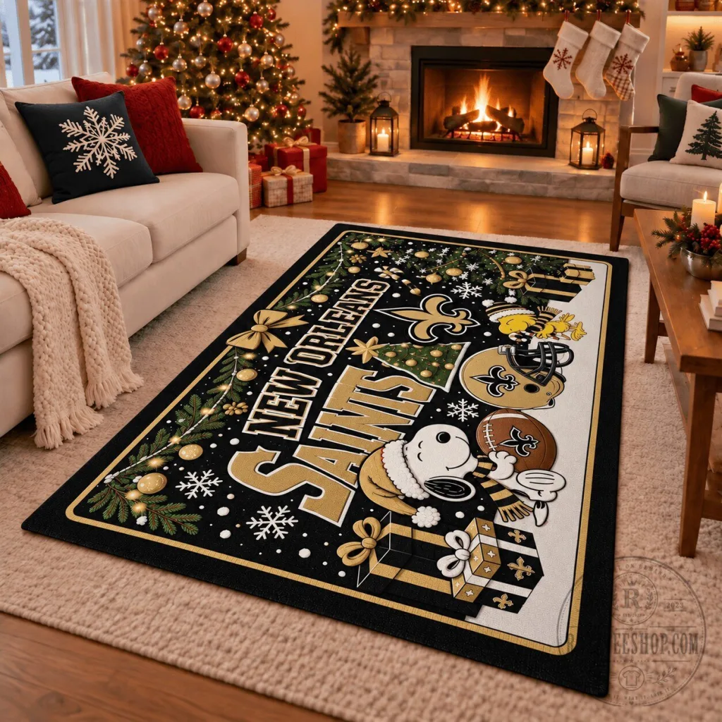 New Orleans Saints Christmas Holiday Decorated Living Room Area Rug New Orleans Saints Christmas Holiday Decorated Living Room Area Rug