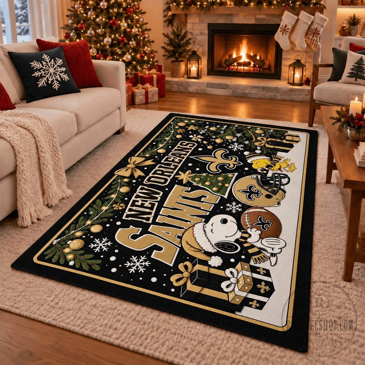New Orleans Saints Christmas Holiday Decorated Living Room Area Rug