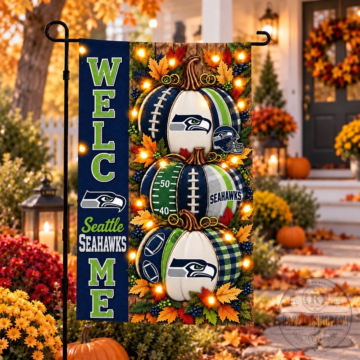 Seattle Seahawks Halloween Welcome Football Pumpkins Garden Flag