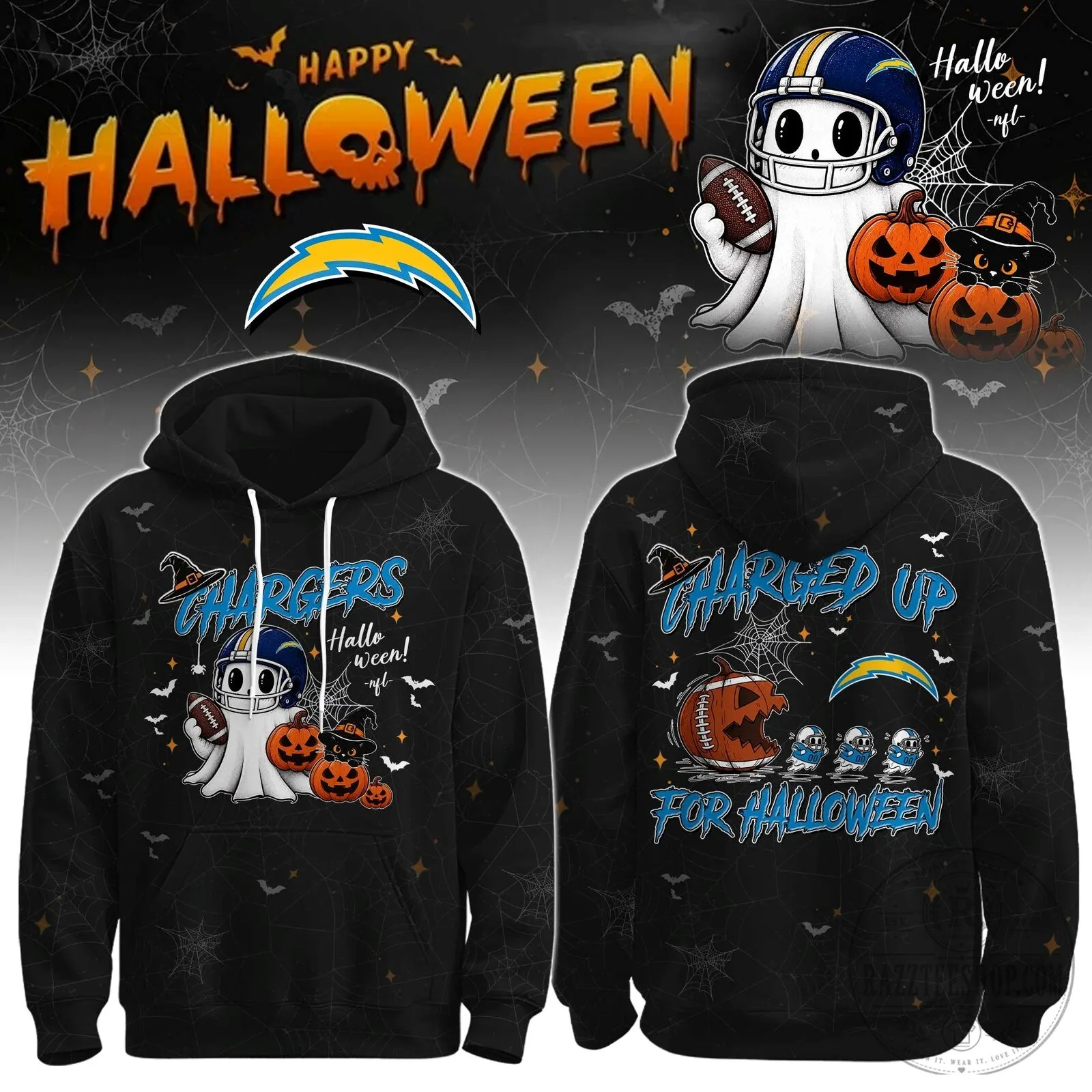 Charged Up Hoodie Featuring Halloween Ghost Football Player for Los Angeles Chargers
