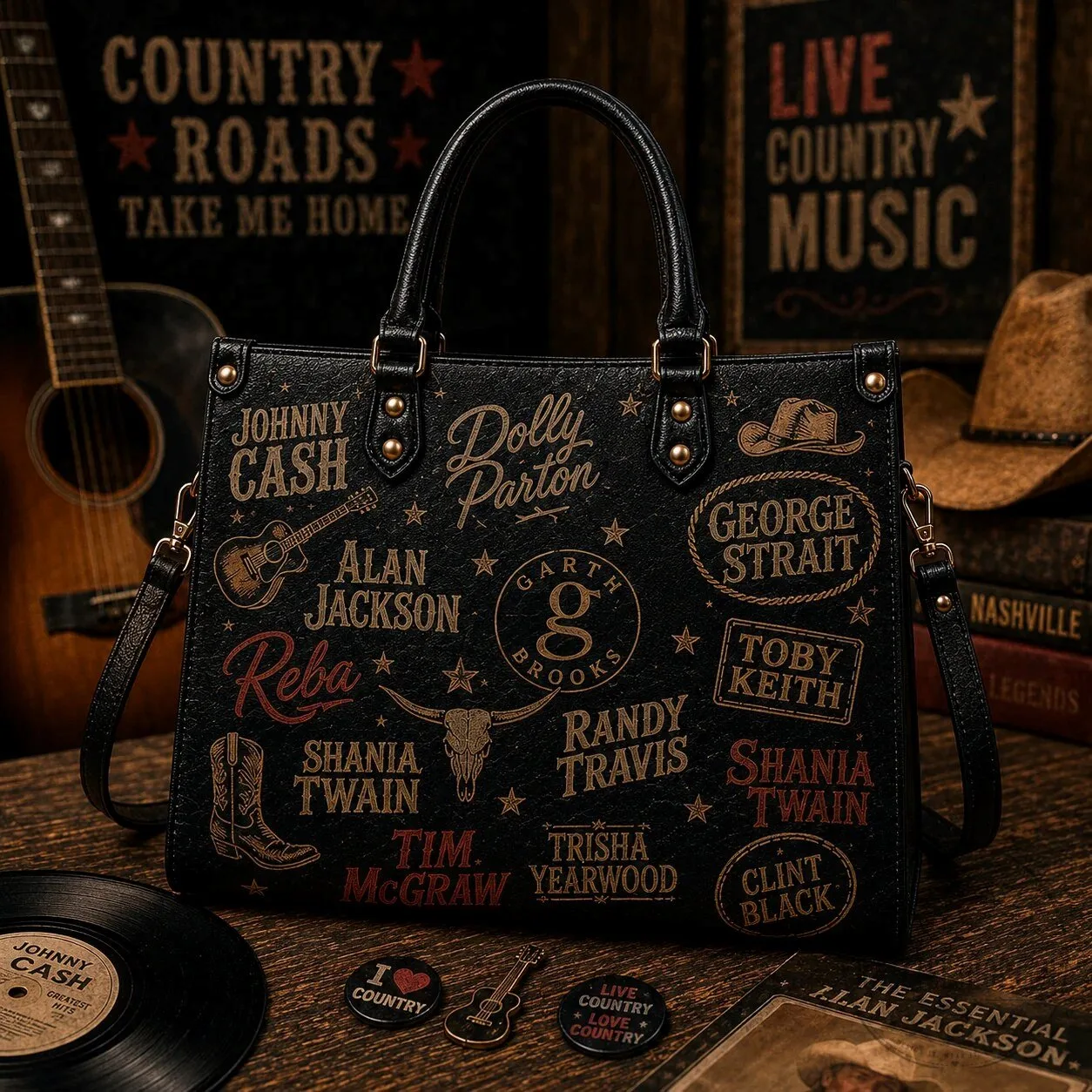 Country Music Legends Faux Leather Handbag for Women, Vintage Country Artist Shoulder Tote Bag 9 Country Music Legends Faux Leather Handbag for Women, Vintage Country Artist Shoulder Tote Bag