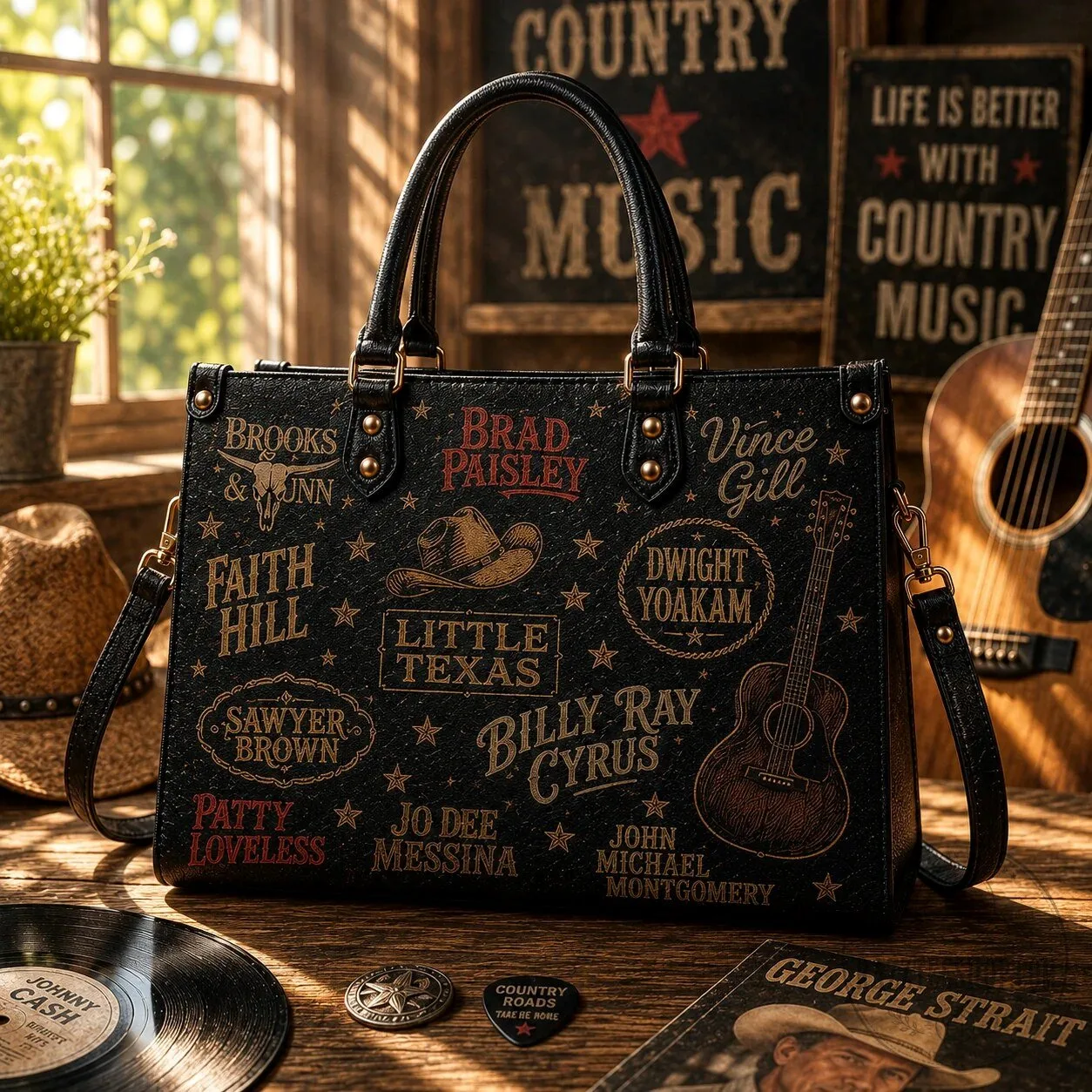 Country Music Legends Faux Leather Handbag for Women, Vintage Country Artist Shoulder Tote Bag 10 Country Music Legends Faux Leather Handbag for Women, Vintage Country Artist Shoulder Tote Bag