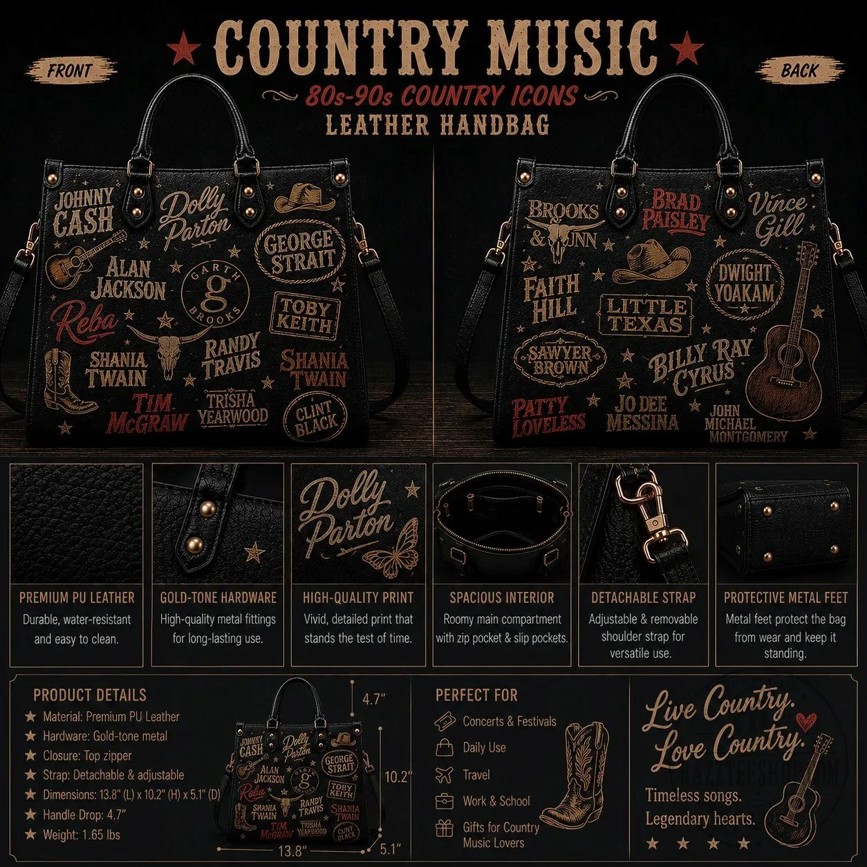 Country Music Legends Faux Leather Handbag for Women, Vintage Country Artist Shoulder Tote Bag 11 Country Music Legends Faux Leather Handbag for Women, Vintage Country Artist Shoulder Tote Bag