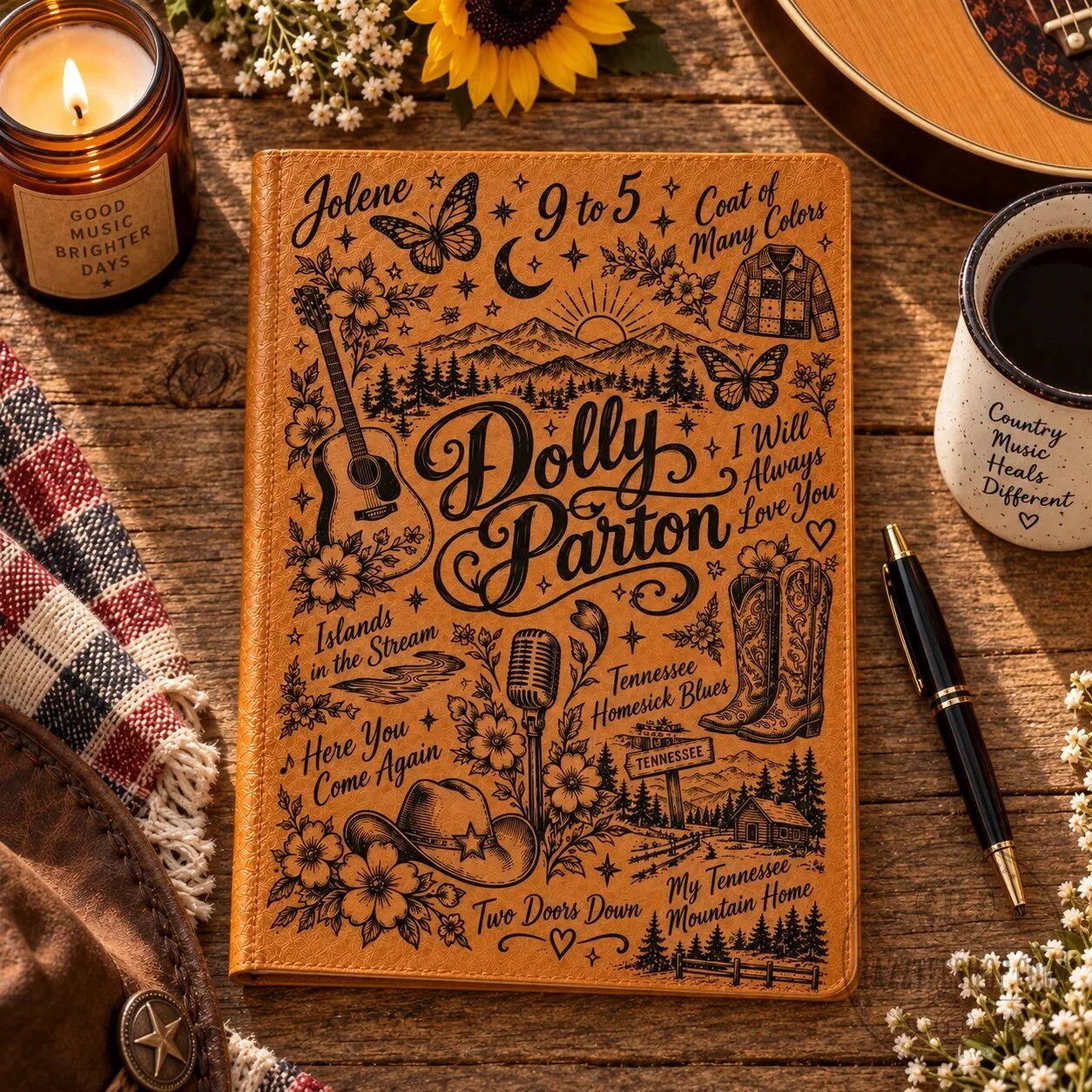 Country Music Dolly Parton Engraved Vegan Leather Journal Notebook