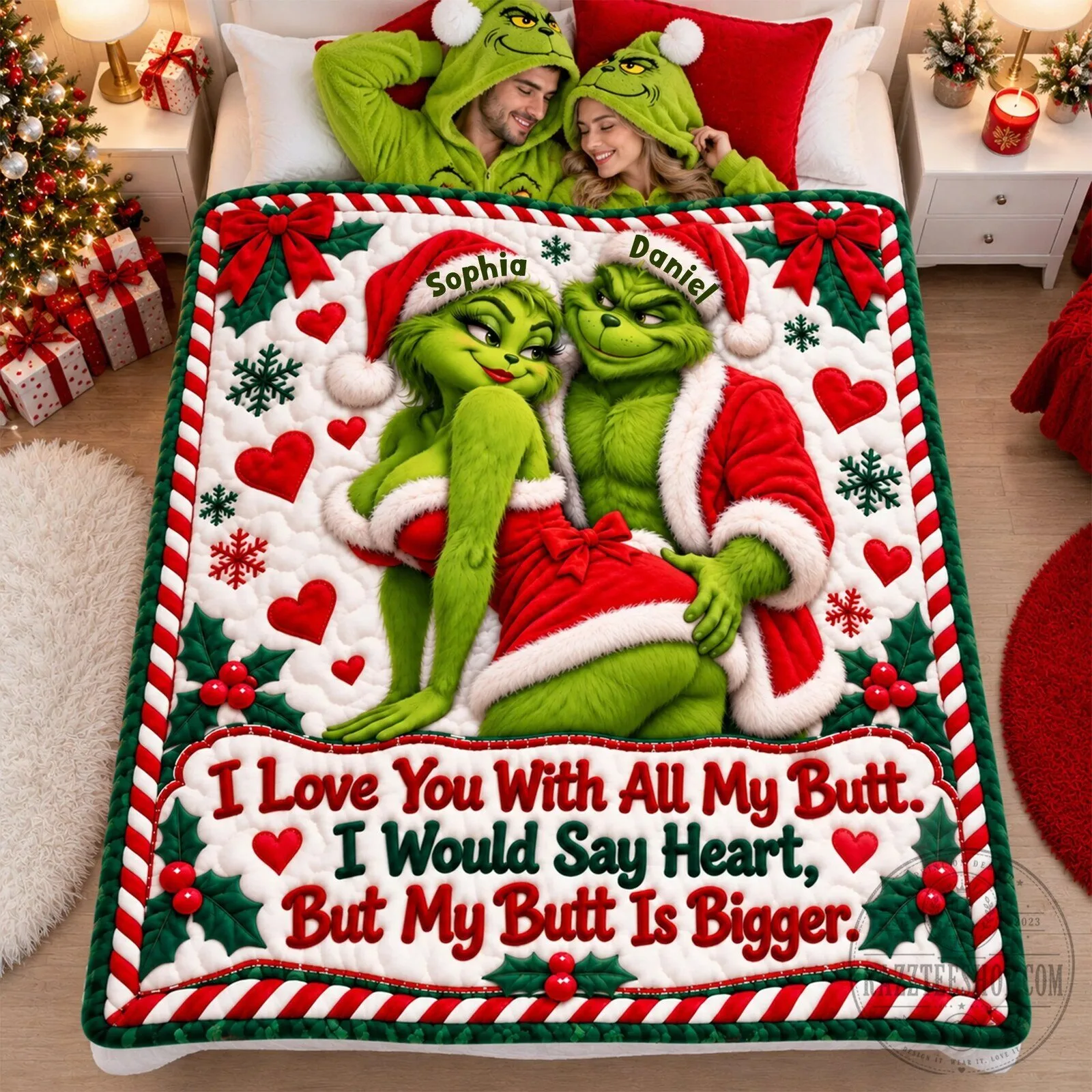 Funny Grinch Couple I Love You With All My Butt Christmas Blanket