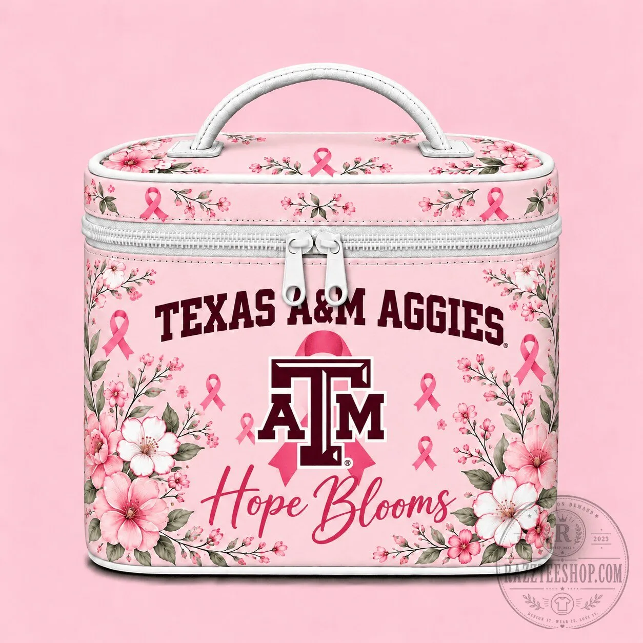 Texas A&M Aggies Breast Cancer Awareness Floral Cosmetic Bag