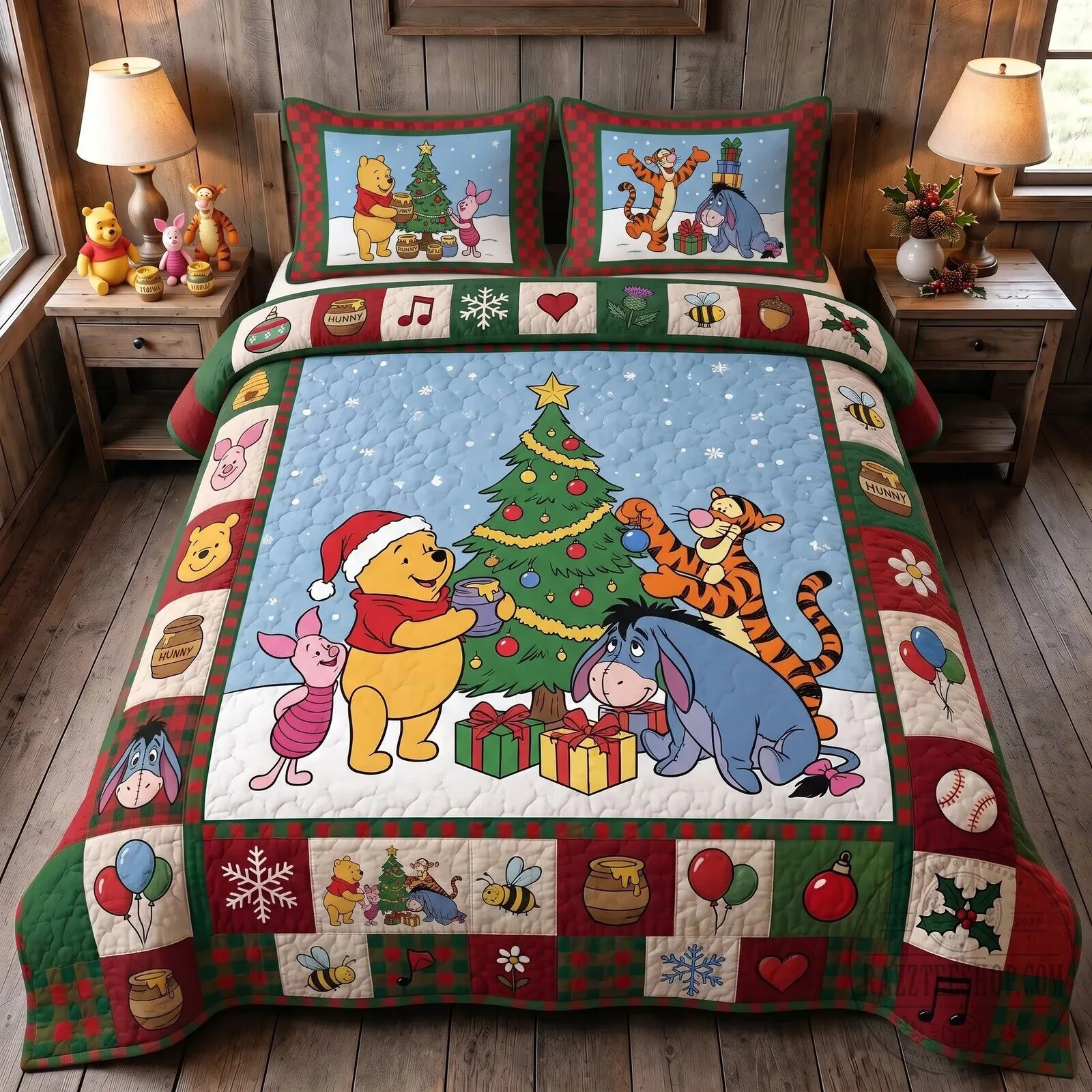 Winnie The Pooh Christmas Tree Holiday Quilted Bedding Set