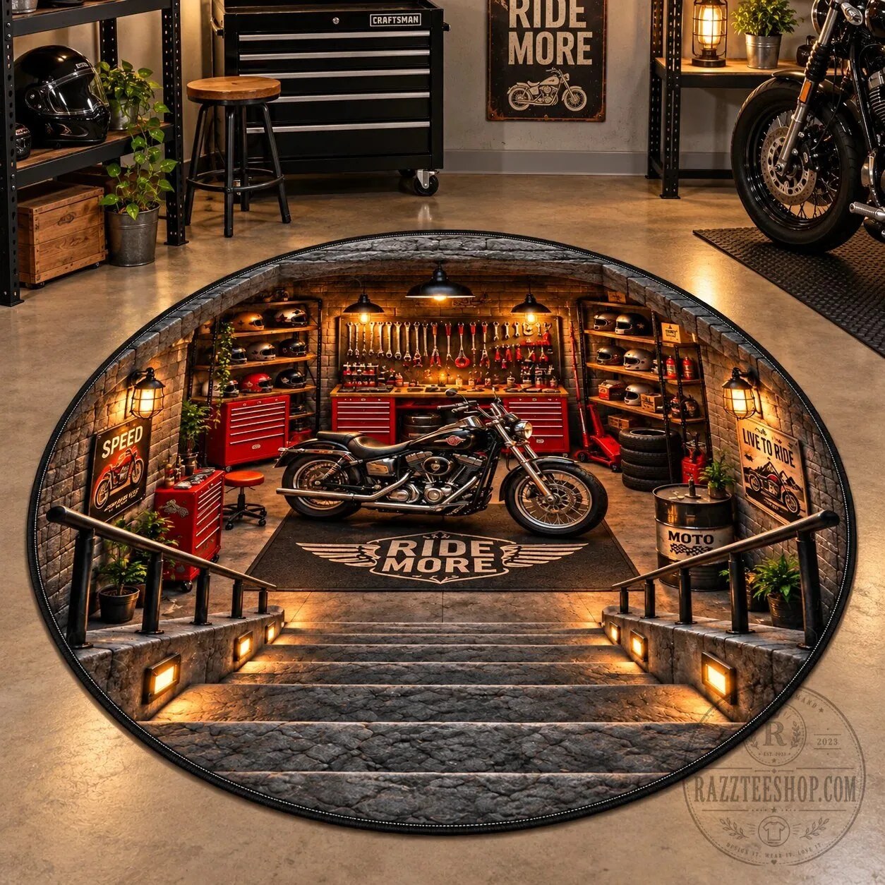 Classic Motorcycle Garage Quilted Round Mat for Auto Enthusiasts