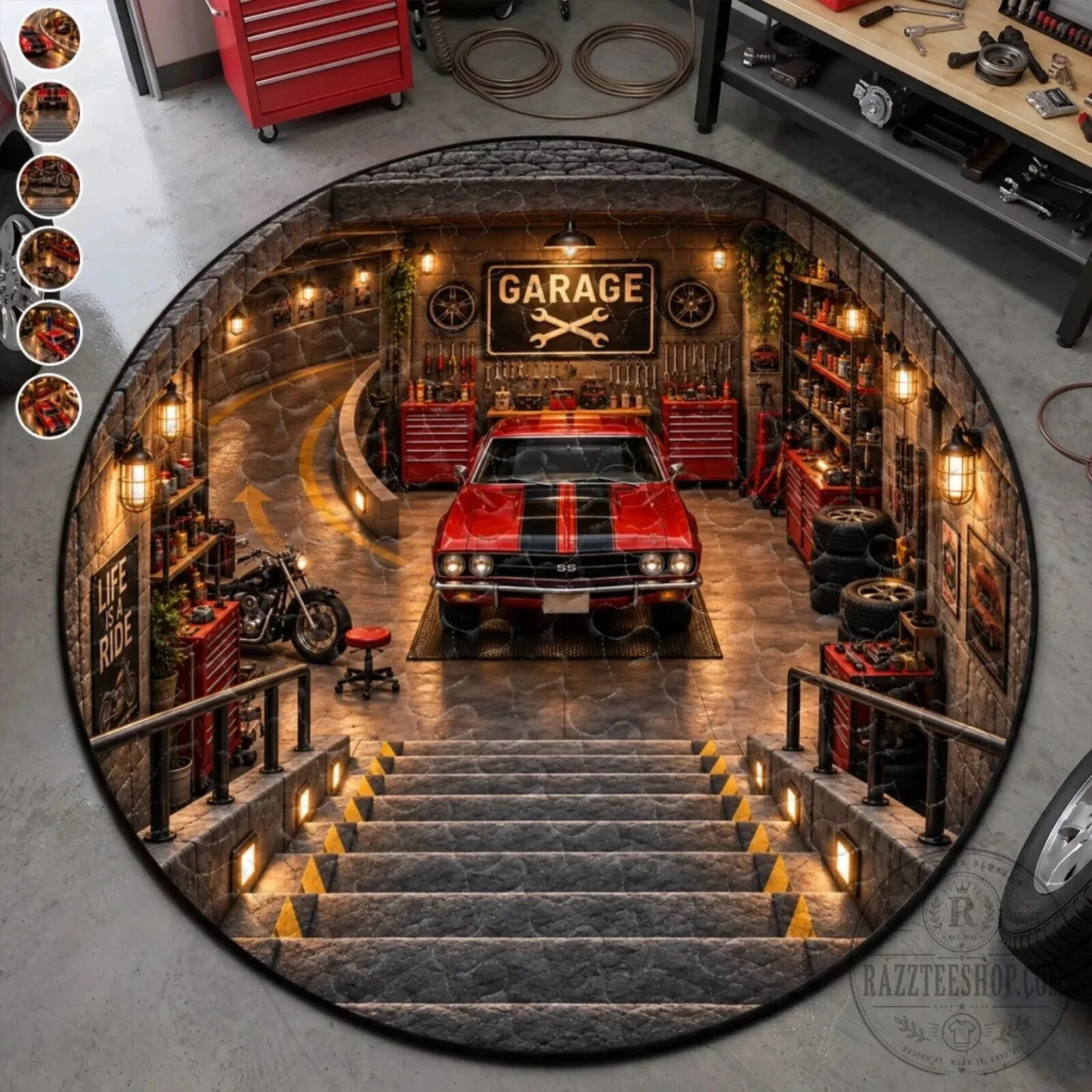 Classic Motorcycle Garage Quilted Round Mat for Auto Enthusiasts 12 Classic Motorcycle Garage Quilted Round Mat for Auto Enthusiasts