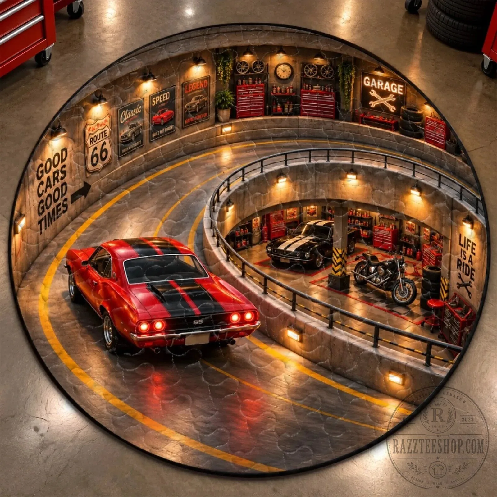 Classic Motorcycle Garage Quilted Round Mat for Auto Enthusiasts 13 Classic Motorcycle Garage Quilted Round Mat for Auto Enthusiasts