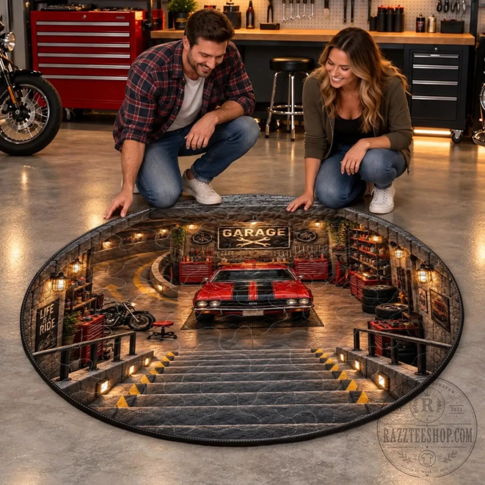 Classic Motorcycle Garage Quilted Round Mat for Auto Enthusiasts 14 Classic Motorcycle Garage Quilted Round Mat for Auto Enthusiasts