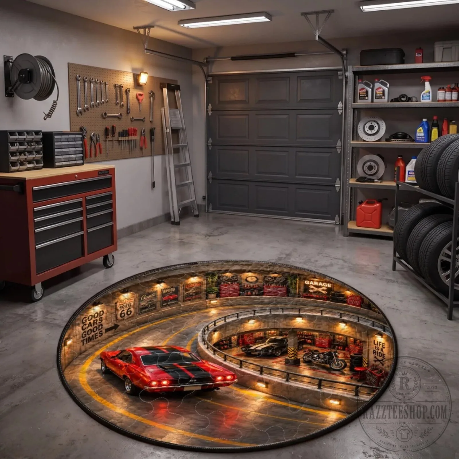 Classic Motorcycle Garage Quilted Round Mat for Auto Enthusiasts 15 Classic Motorcycle Garage Quilted Round Mat for Auto Enthusiasts