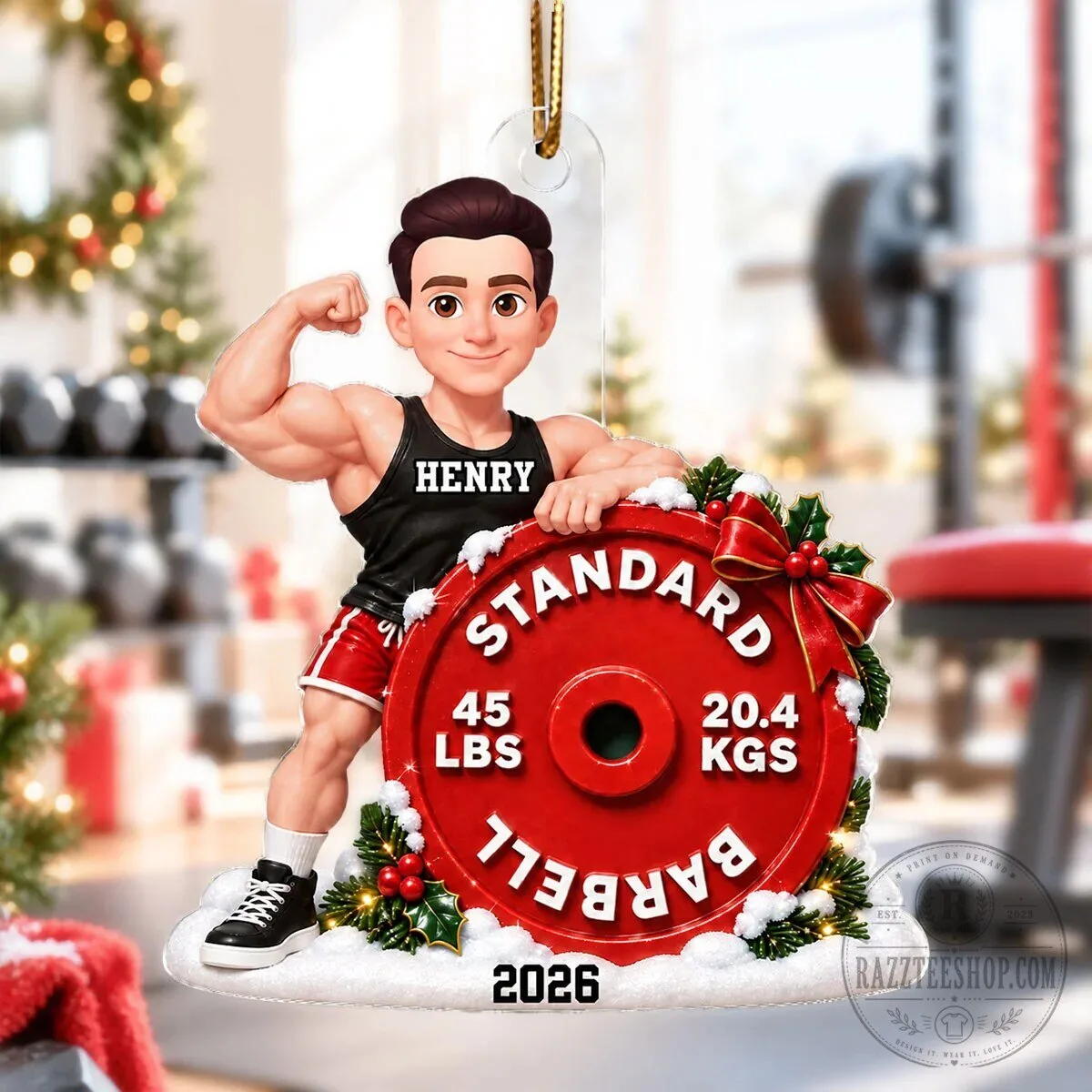 Personalized Weightlifting Man Barbell Gym Fitness Workout Christmas Tree Ornament 1 Personalized Weightlifting Man Barbell Gym Fitness Workout Christmas Tree Ornament