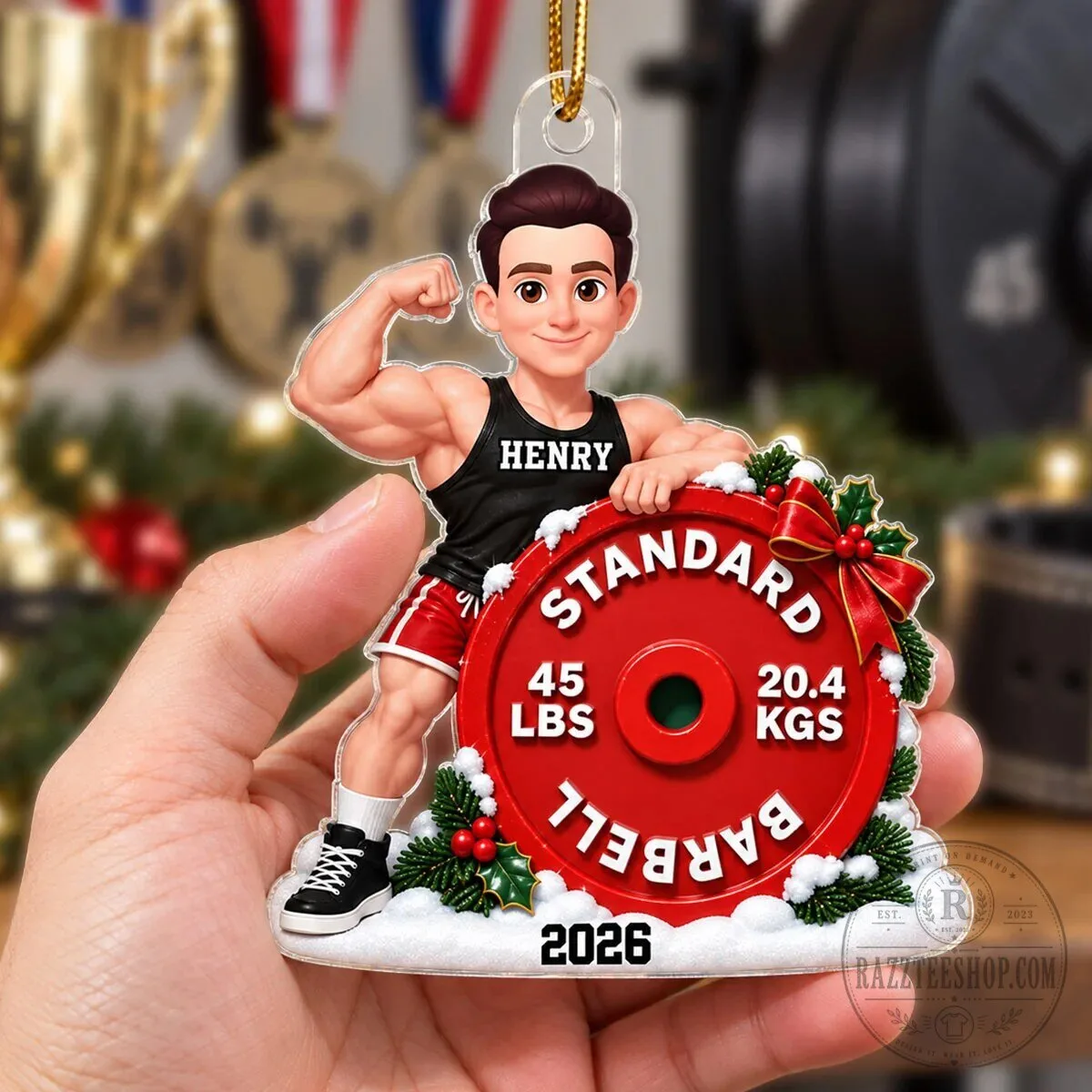 Personalized Weightlifting Man Barbell Gym Fitness Workout Christmas Tree Ornament 15 Personalized Weightlifting Man Barbell Gym Fitness Workout Christmas Tree Ornament