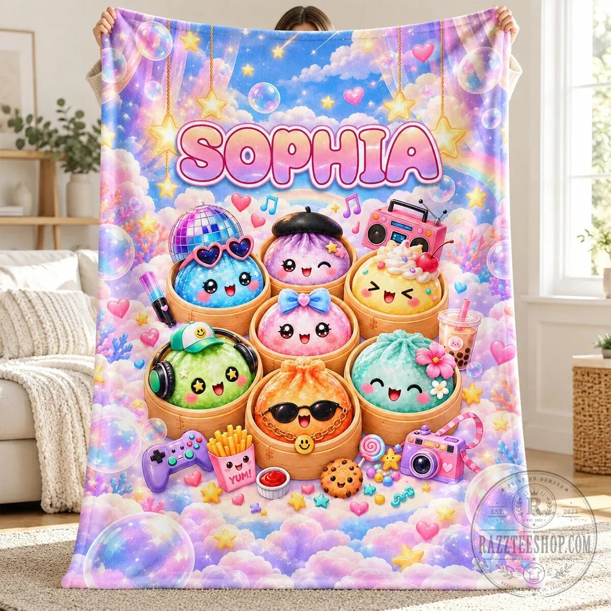 Personalized Kawaii Dumpling Character Blanket, Custom Name Cute Food Fleece Throw