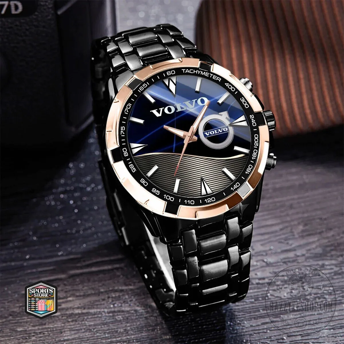 Volvo Car Company Logo Black and Gold Stainless Steel Men's Watch