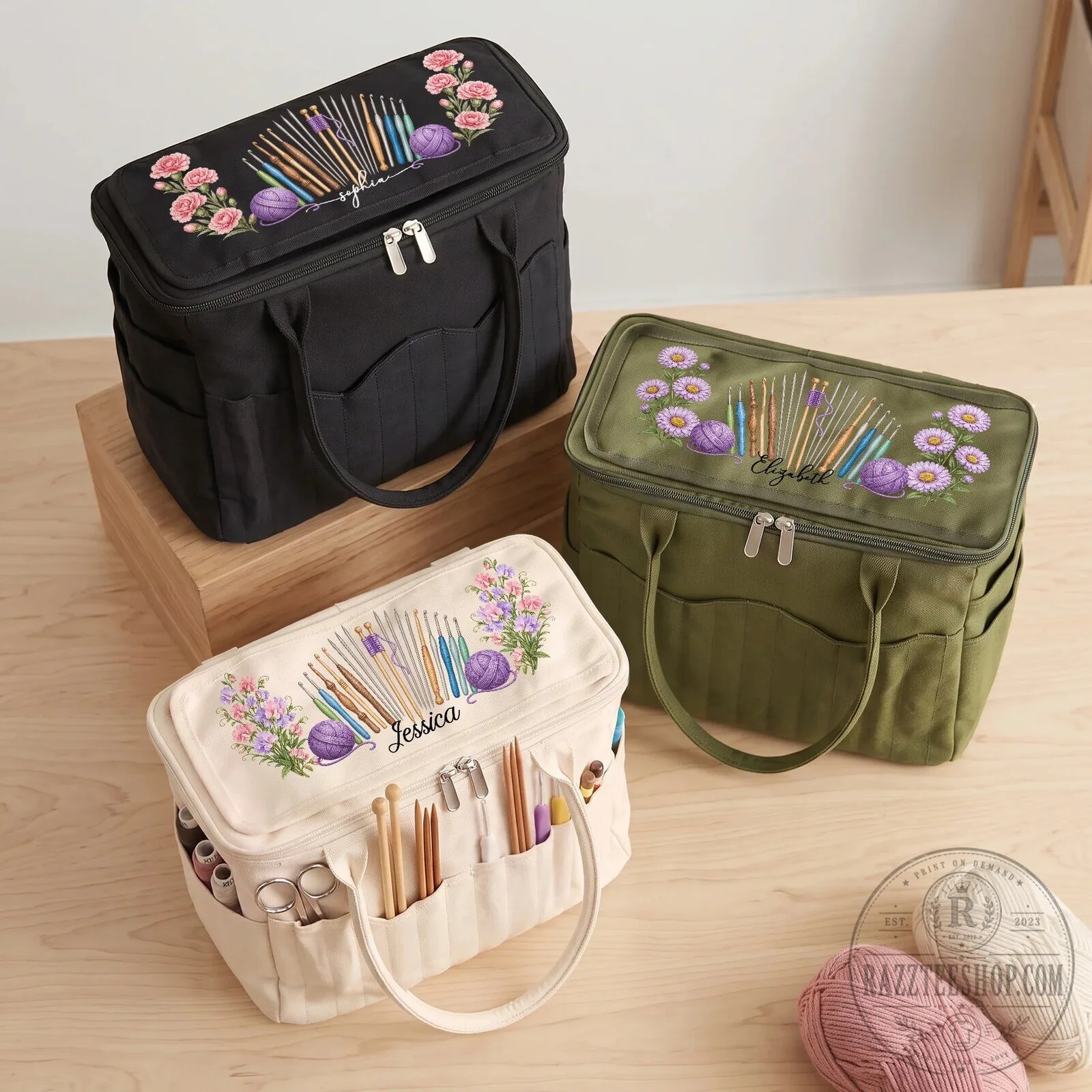 Personalized Knitting Craft Project Storage Bag with Custom Name and Birth Flower Design