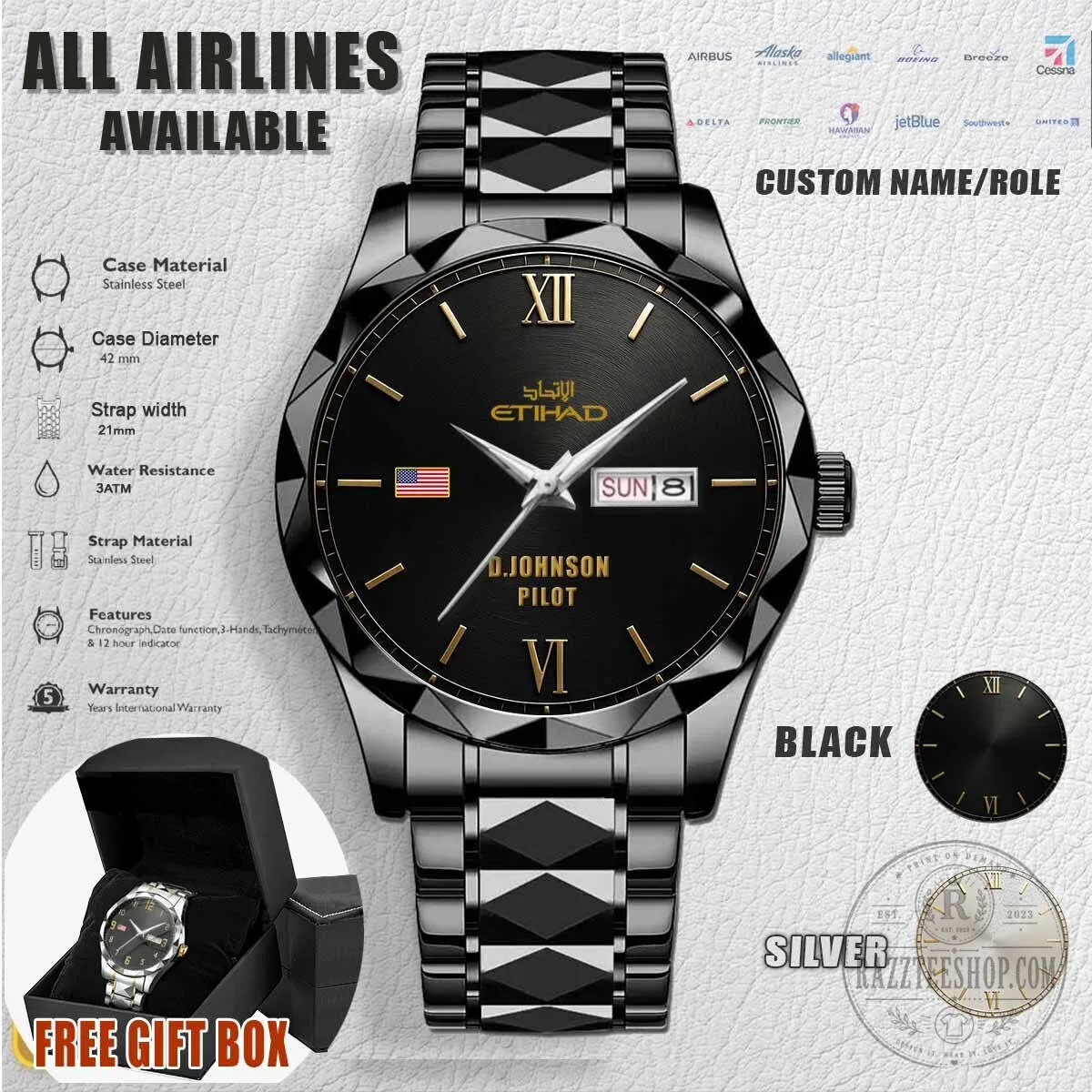 Etihad Airways Pilot Custom Name Stainless Steel Watch