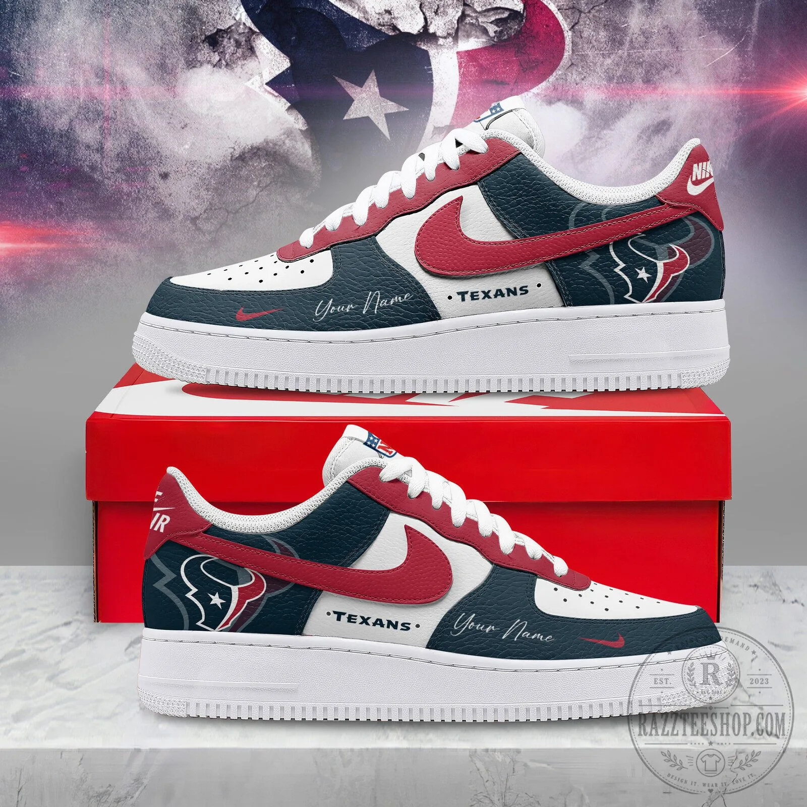 Houston Texans Custom Name White And Navy Blue Sneakers