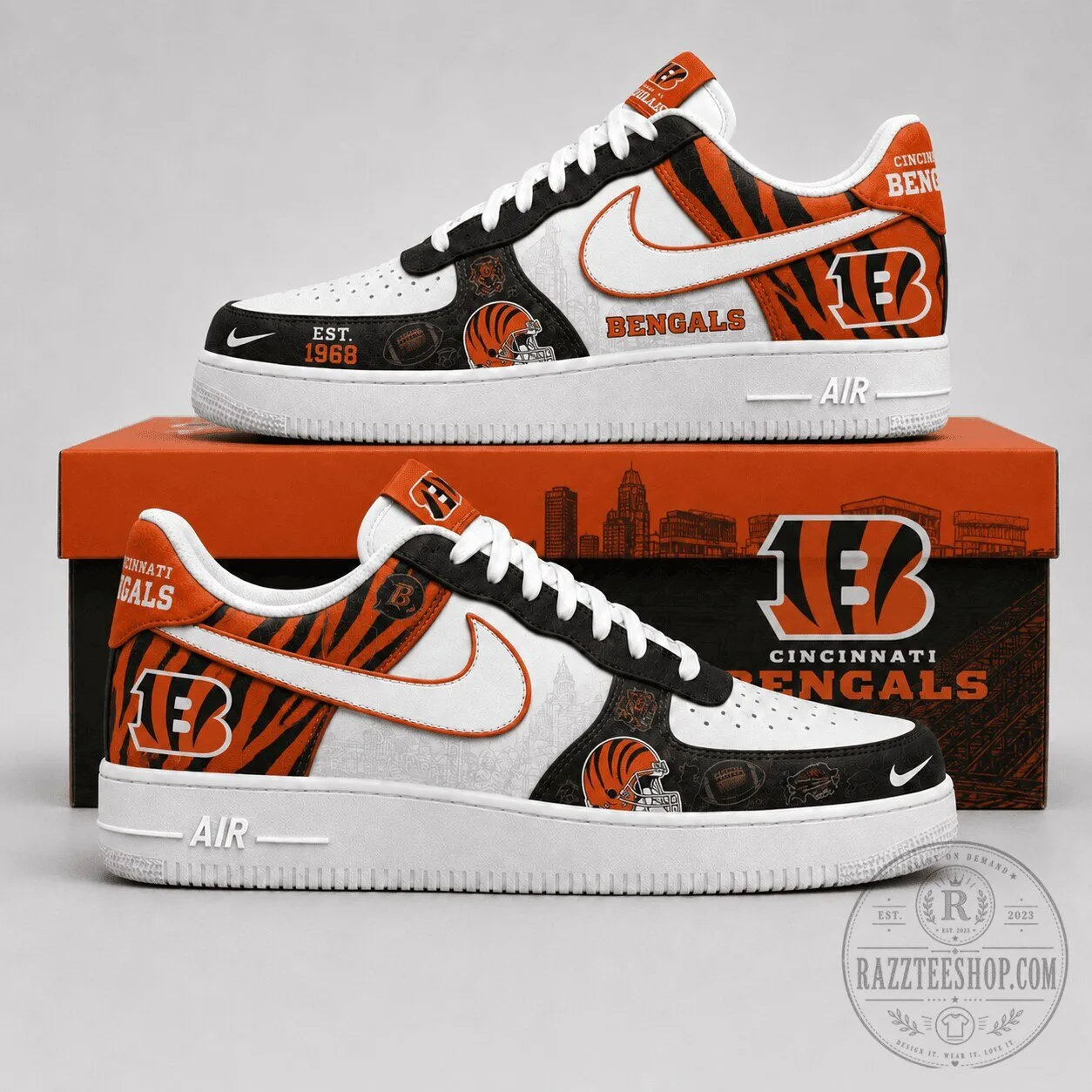 Cincinnati Bengals NFL Team Logo Custom Printed White and Orange Athletic Shoes
