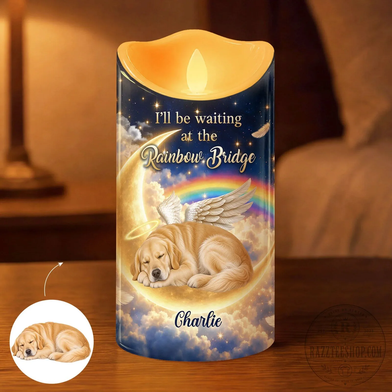 Personalized Pet Memorial Rainbow Bridge Golden Retriever LED Candle
