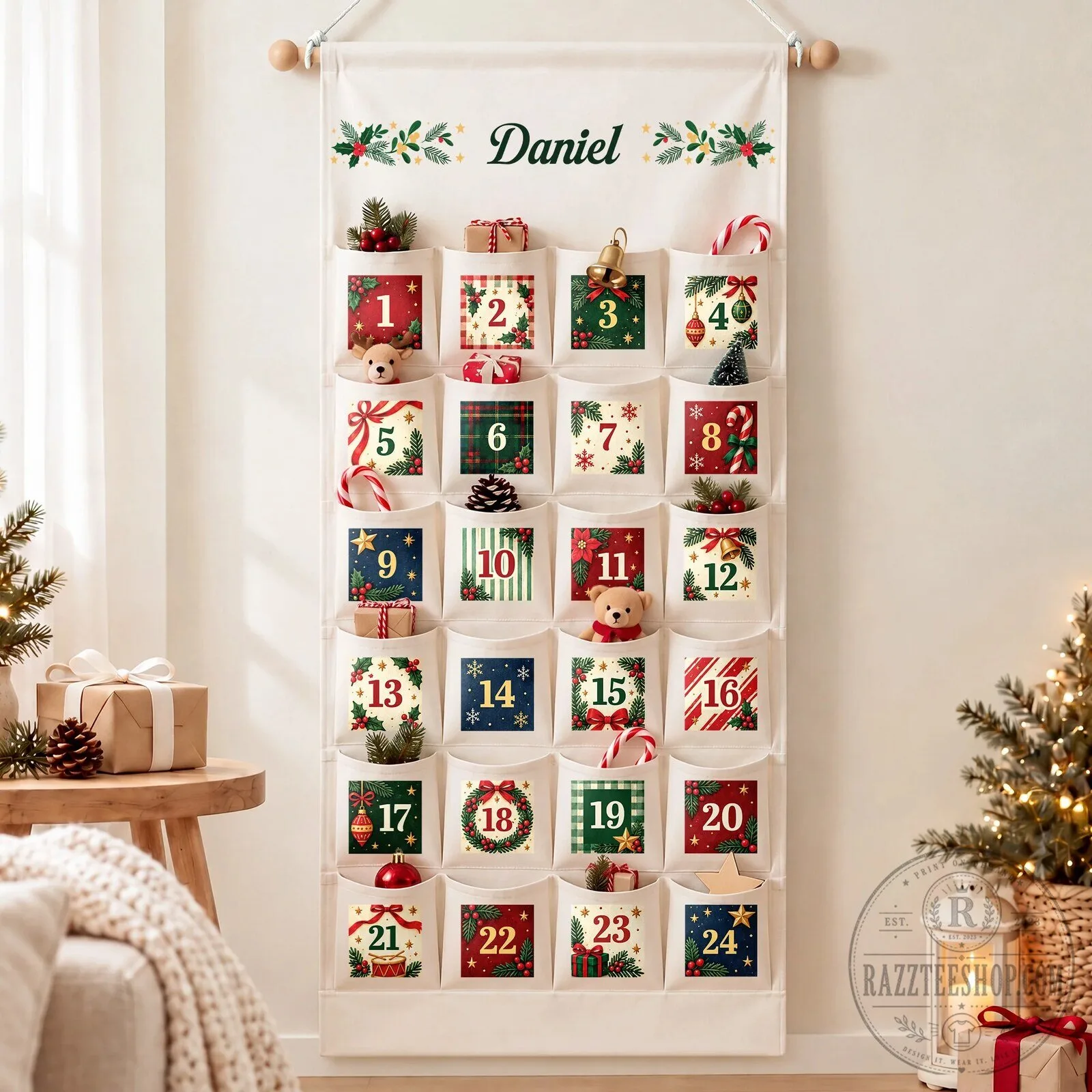 Personalized Christmas Tree Advent Calendar with Pockets and Name