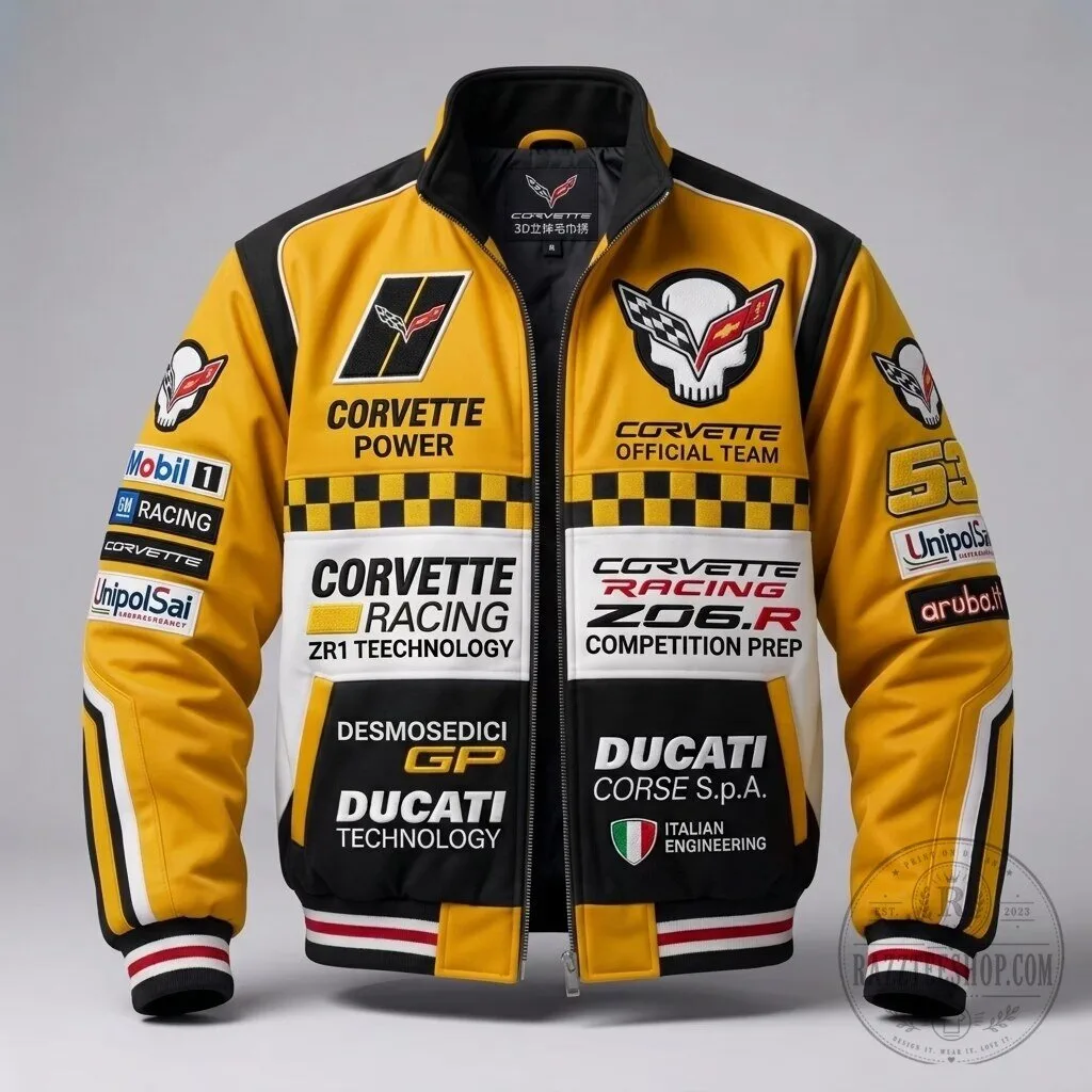 Corvette Racing Team Ducati Motorcycle Yellow Bomber Jacket