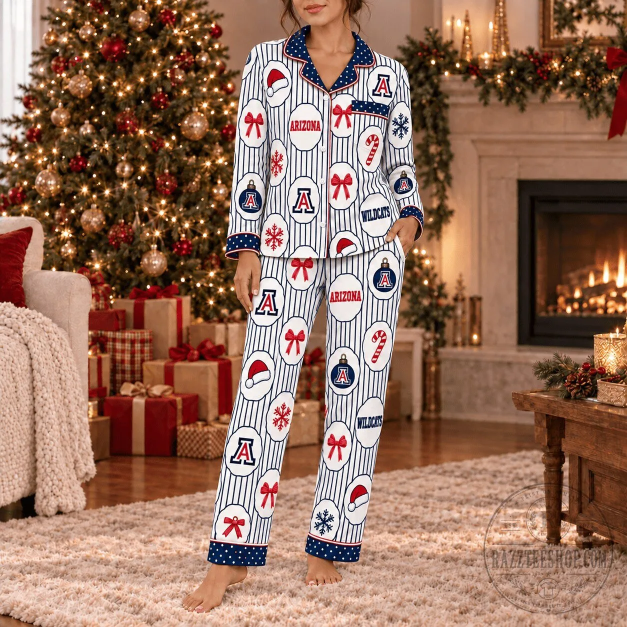 Arizona Wildcats Christmas Holiday Button Up Pajamas Set