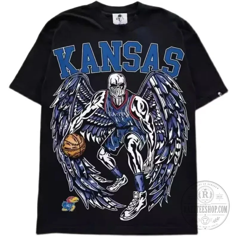 Kansas Jayhawks Basketball Skeleton Angel Wings Graphic Black T-Shirt 1 Kansas Jayhawks Basketball Skeleton Angel Wings Graphic Black T-Shirt