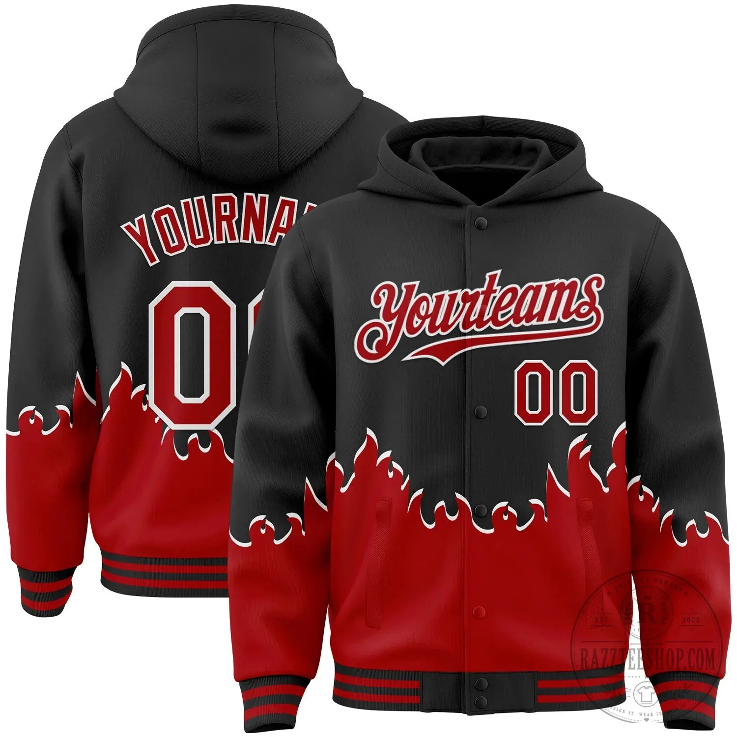 Custom Black Red White Fire Flame Bomber Full-Snap Varsity Letterman Hoodie Jacket