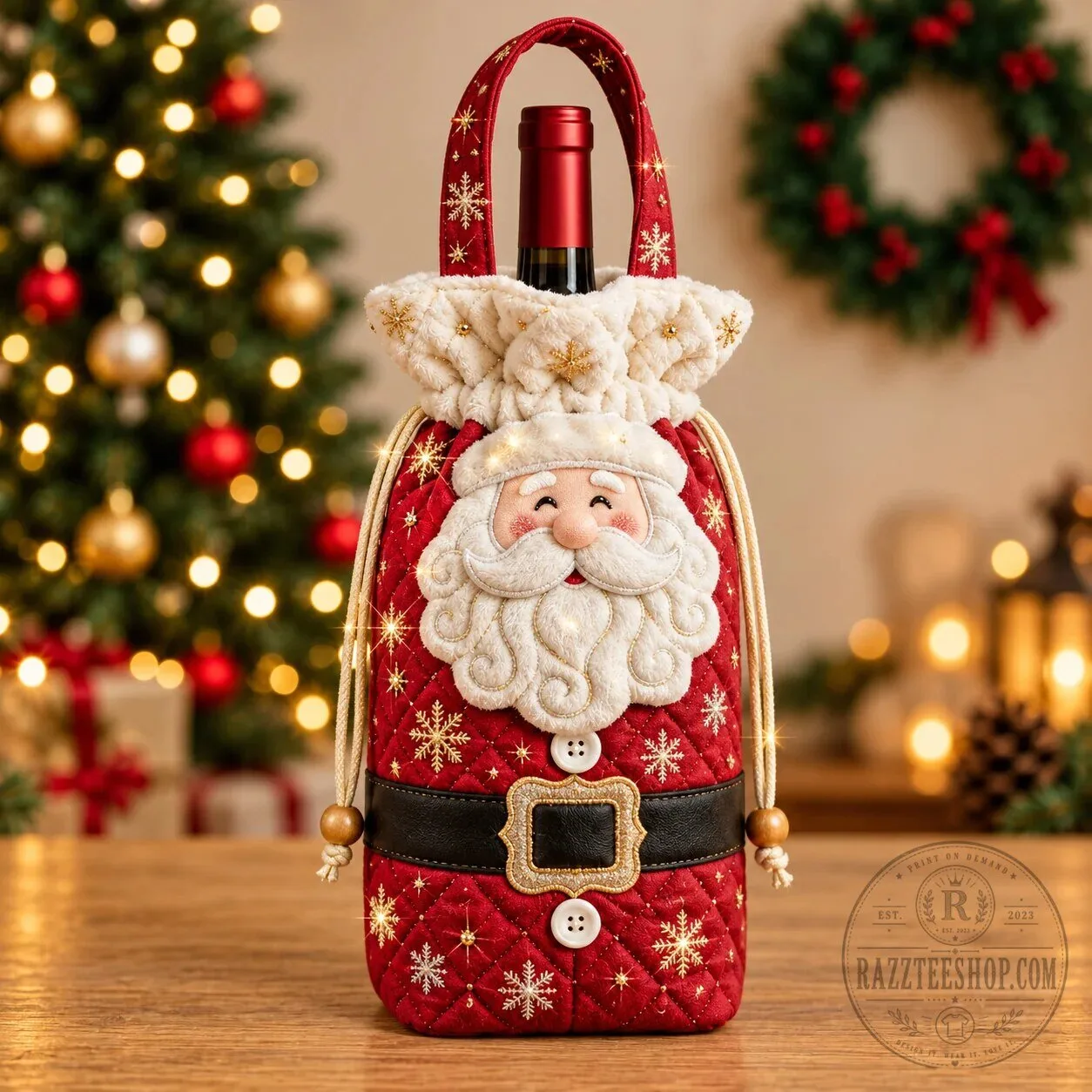 Festive Santa Claus Quilted Christmas Wine Bottle Carrier Bag
