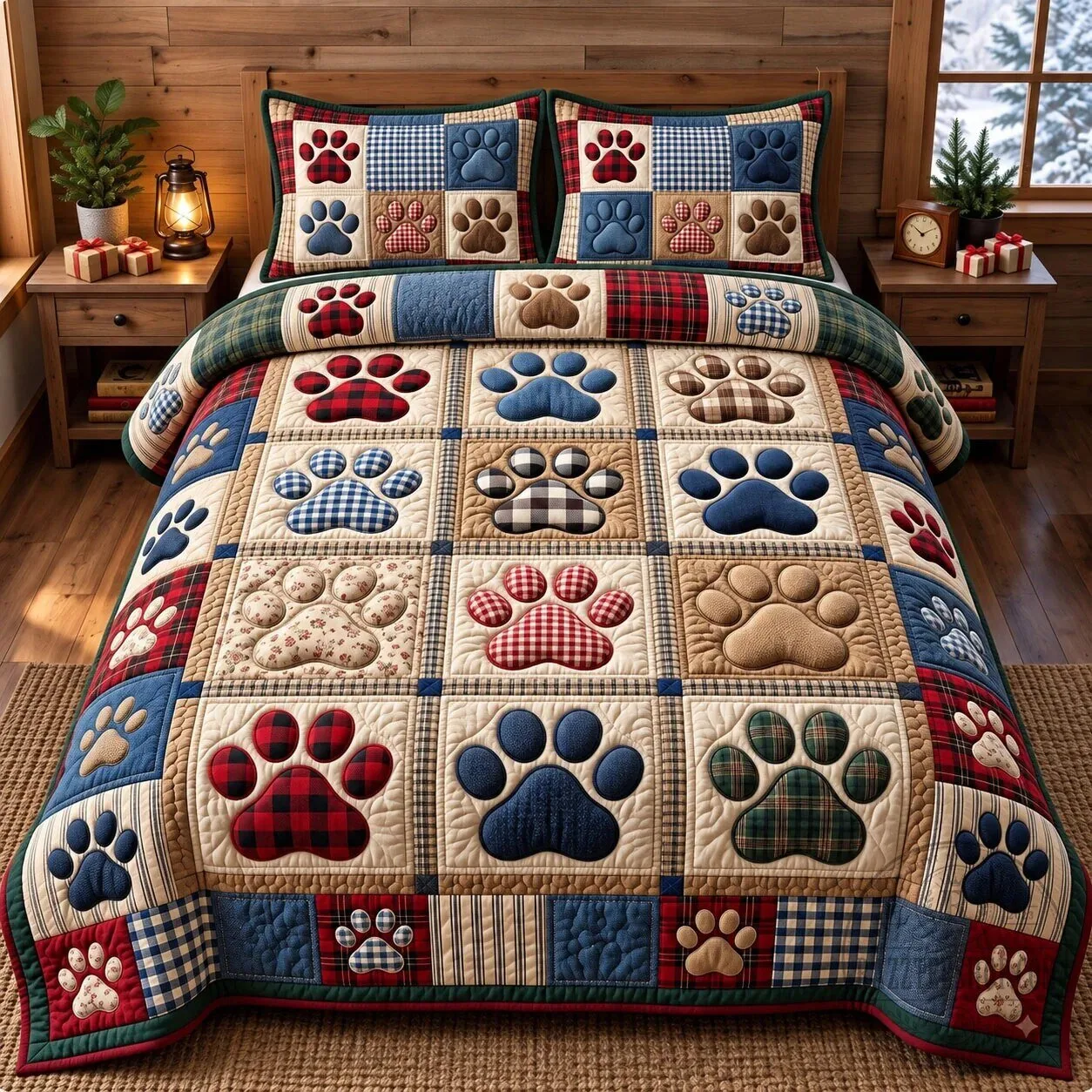Cute Paw Print Plaid Patchwork Pattern Quilted Bedding Set