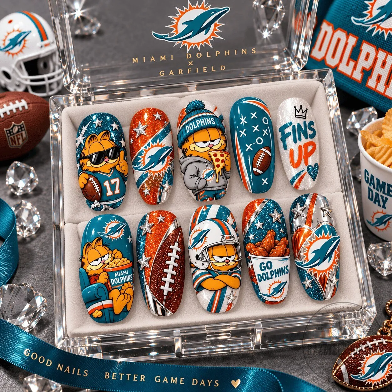 Miami Dolphins Football Garfield Game Day Press-On Nails Set