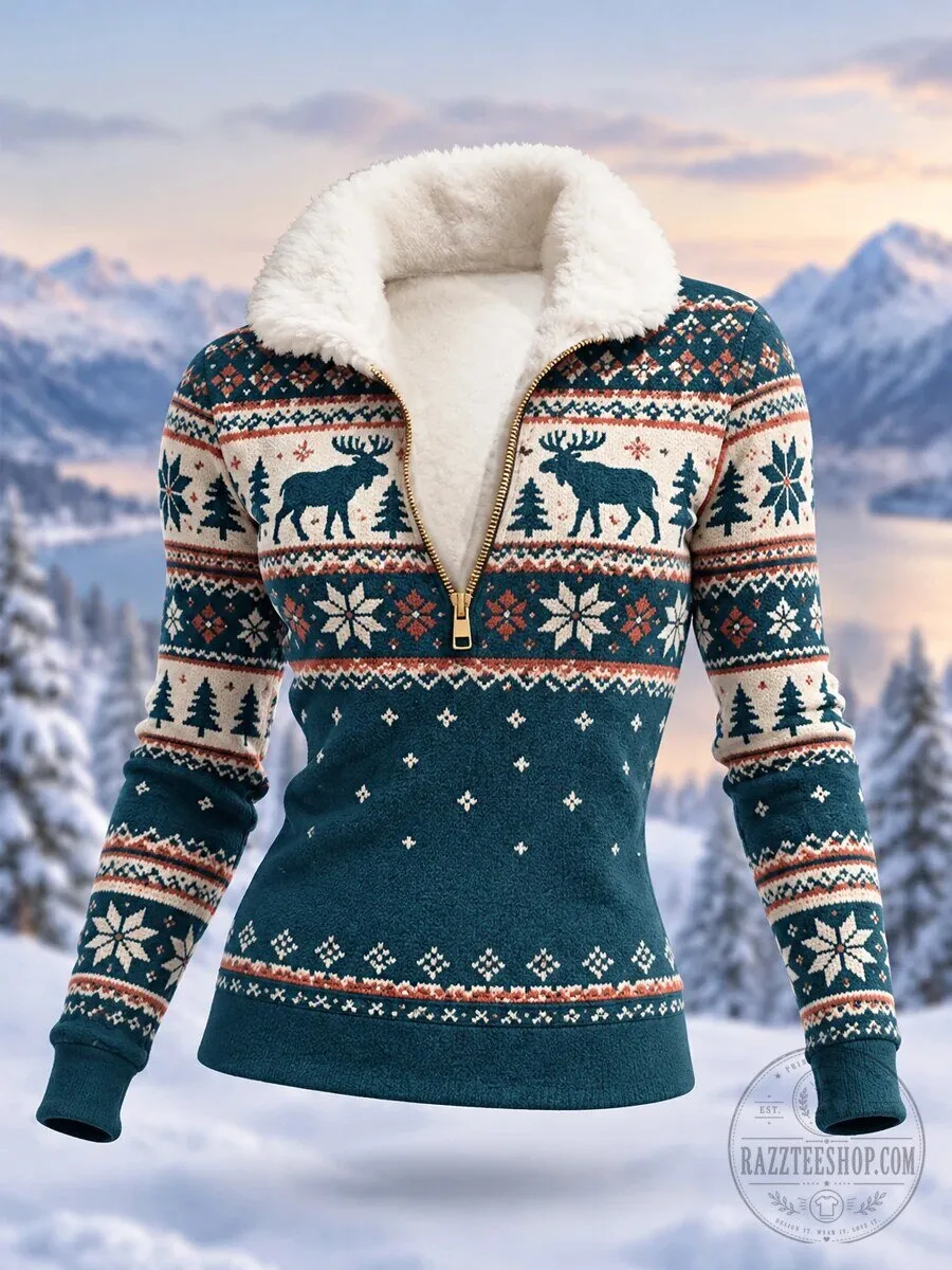 Nordic Moose Snowflake Pattern Sherpa Collar Quarter Zip Pullover Sweatshirt