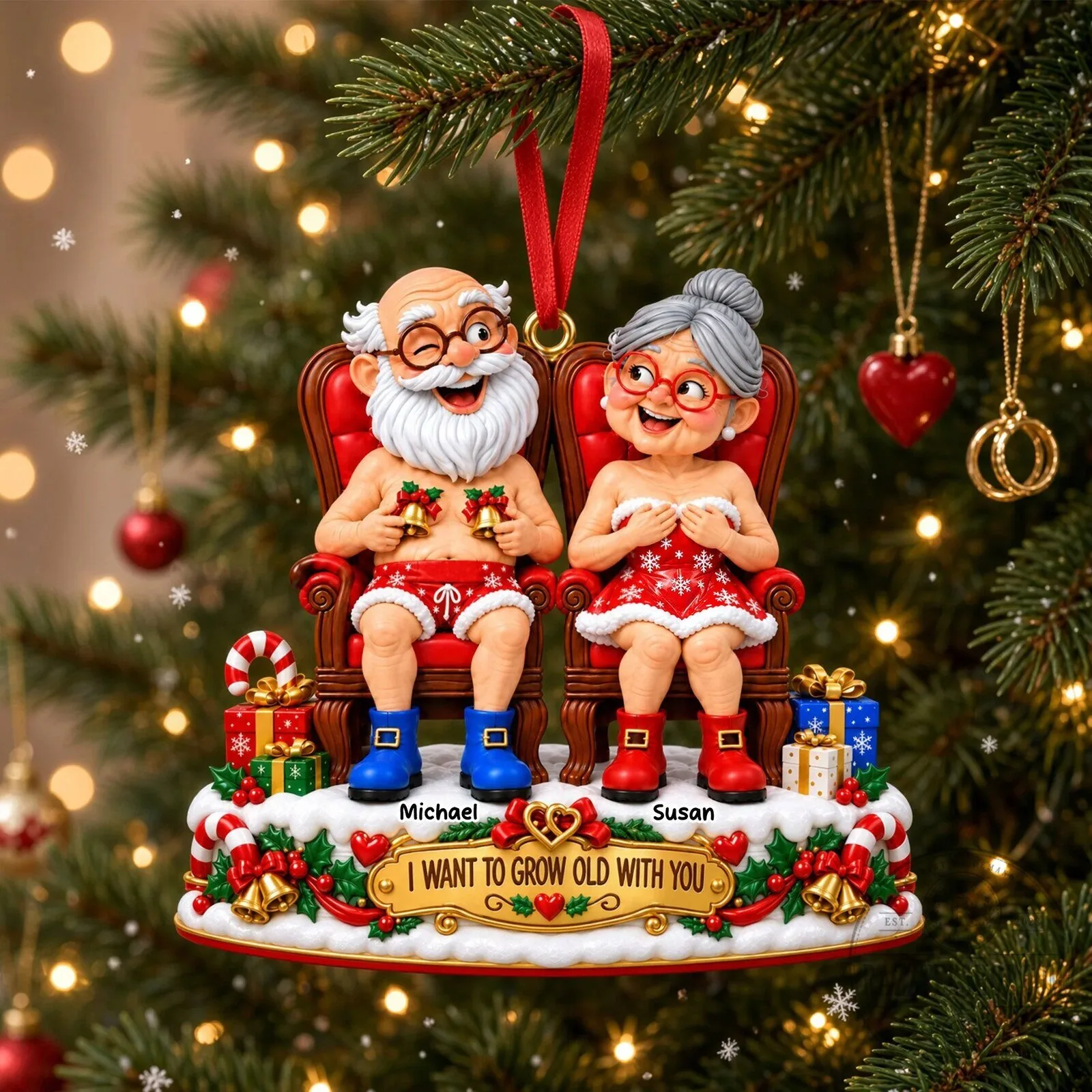 Customizable Christmas Tree Ornament for Mischievous Senior Couple