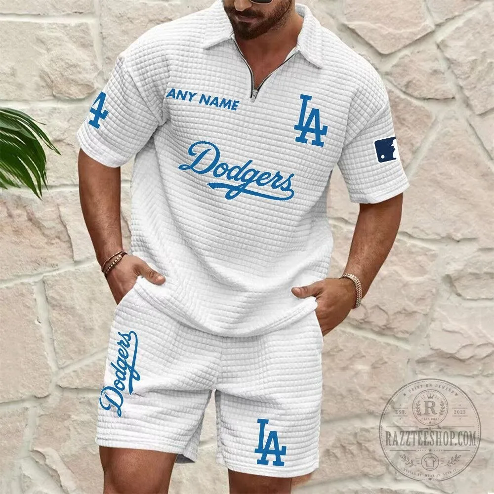 Los Angeles Dodgers Personalized Name White Waffle Knit Zip Polo Shirt 1 Los Angeles Dodgers Personalized Name White Waffle Knit Zip Polo Shirt