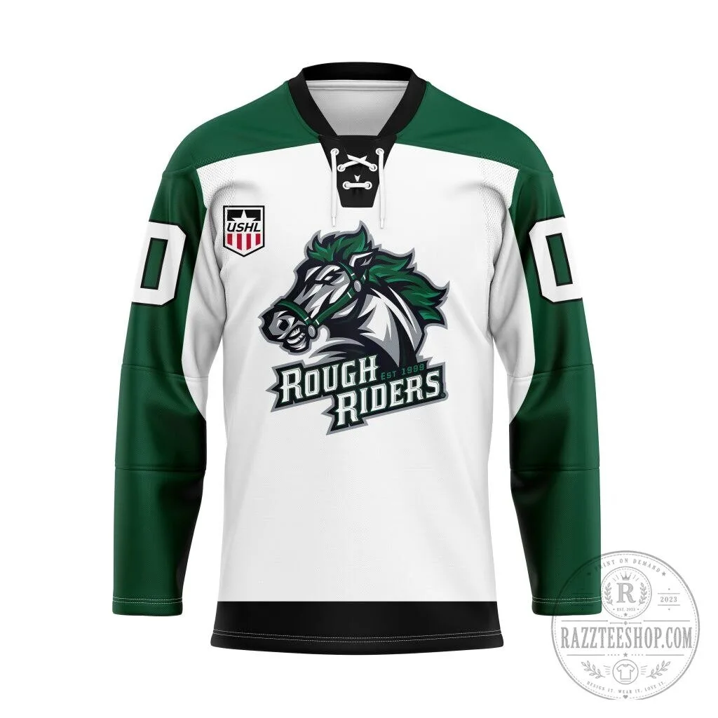 Cedar Rapids RoughRiders USHL Ice Hockey Team White and Green Jersey