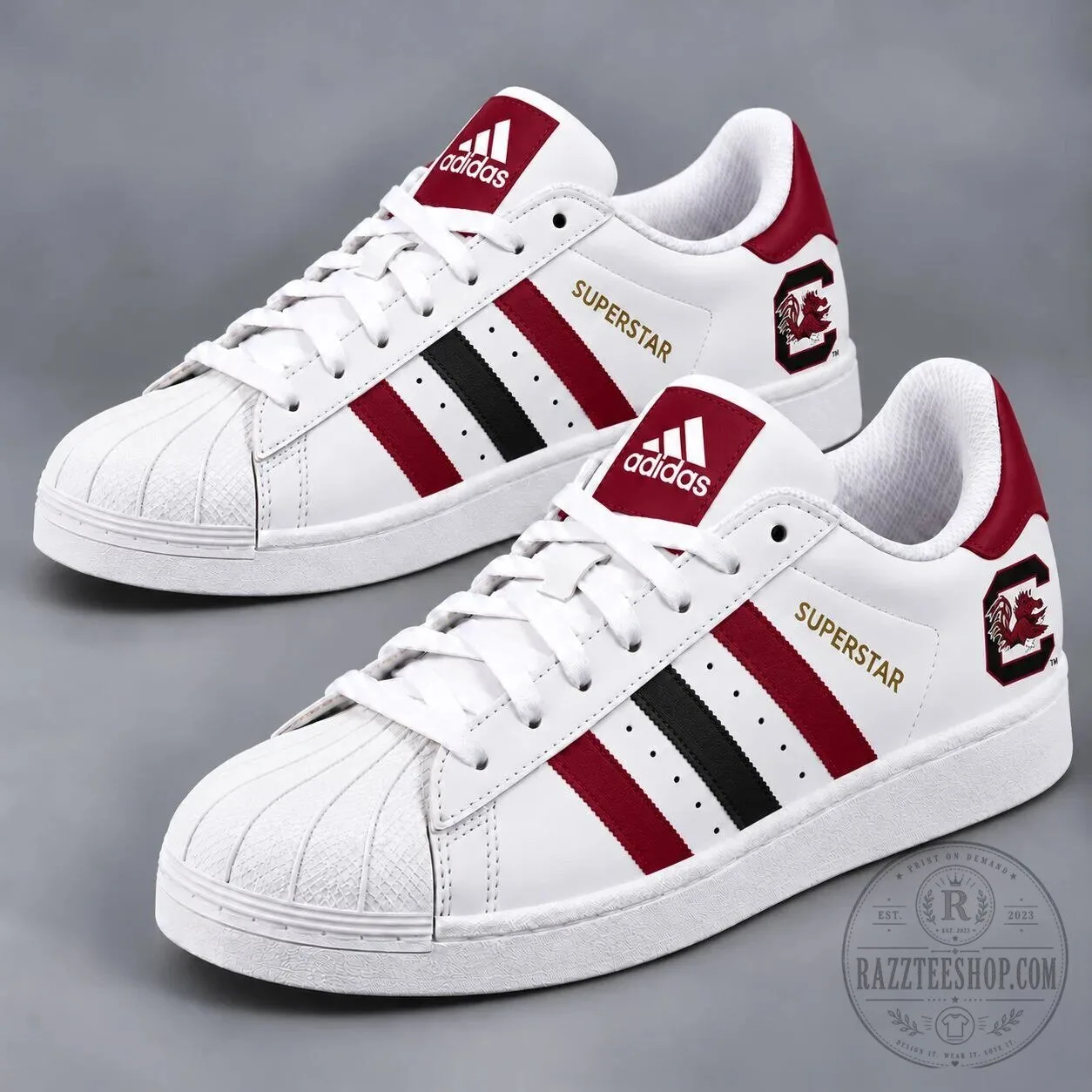 South Carolina Gamecocks NCAA Superstar Adidas White and Garnet Shoes