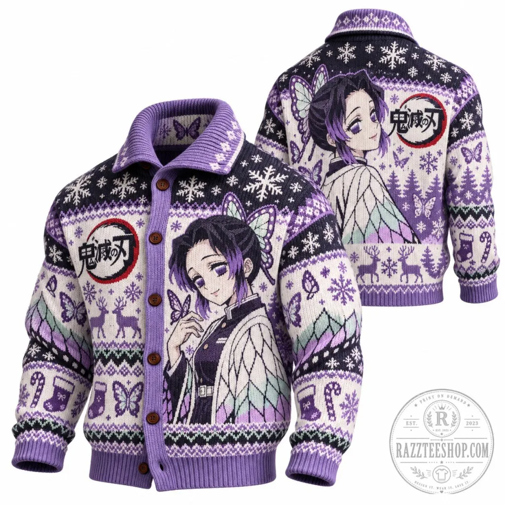 Demon Slayer Shinobu Kocho Anime Ugly Christmas Sweater Cardigan Demon Slayer Shinobu Kocho Anime Ugly Christmas Sweater Cardigan