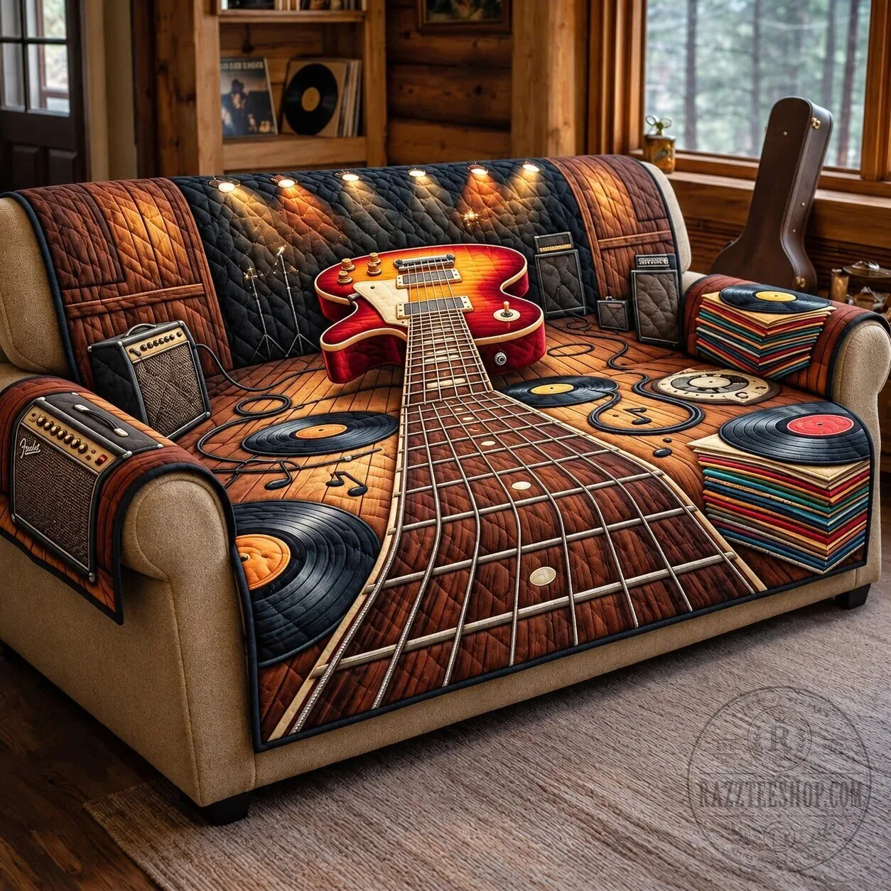Rock Guitar Music Amplifier Vinyl Record Quilted Sofa Cover Protector